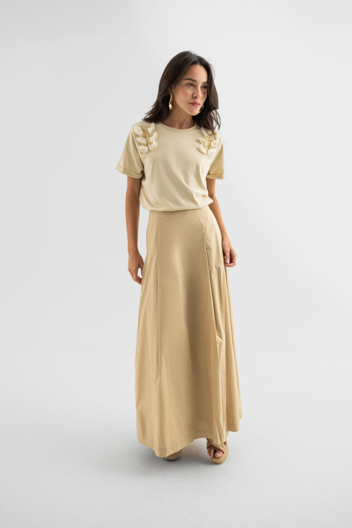 Cream T-Shirt with Shoulder Appliqué