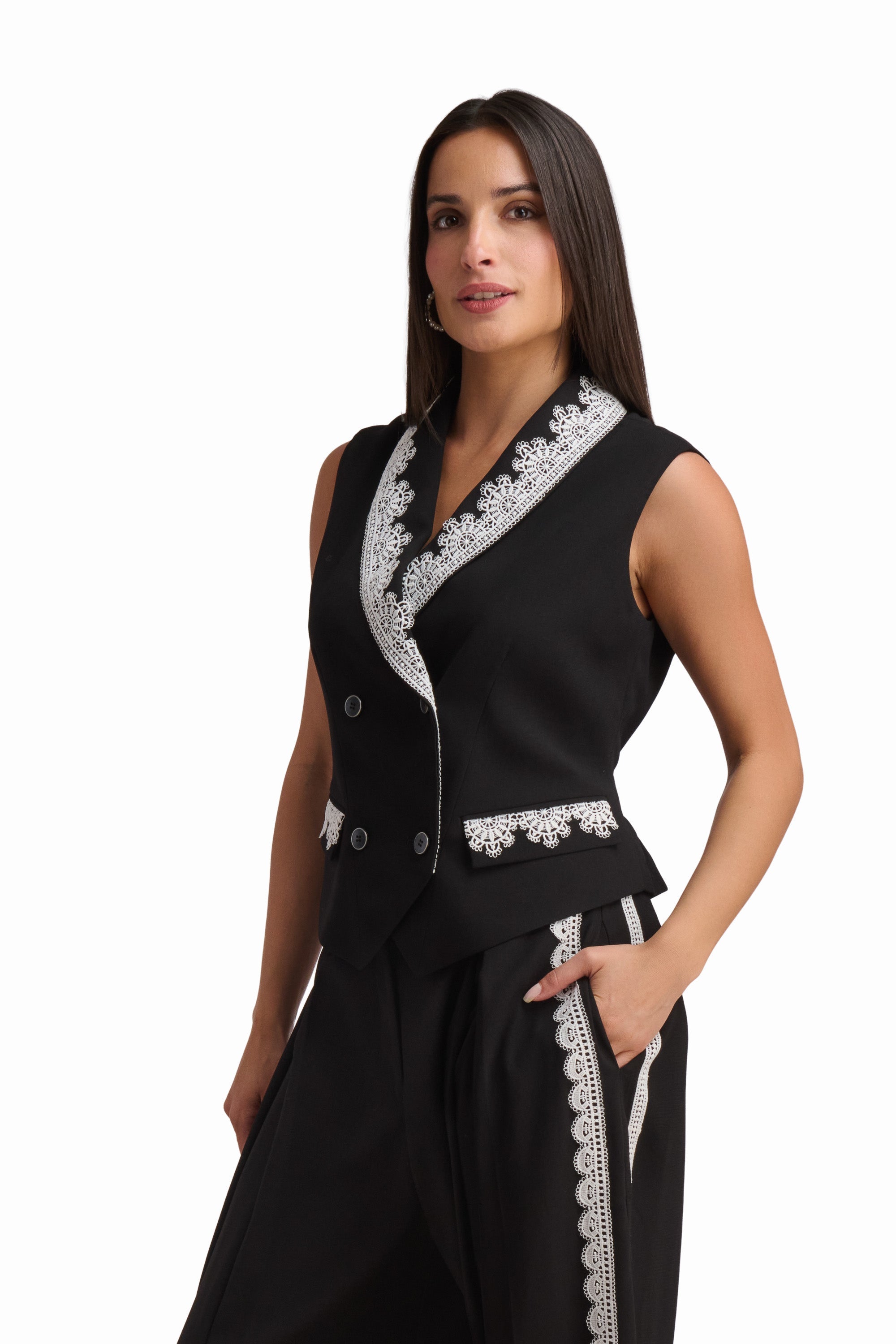 Tailored Vest with Contrast Embellished Collar