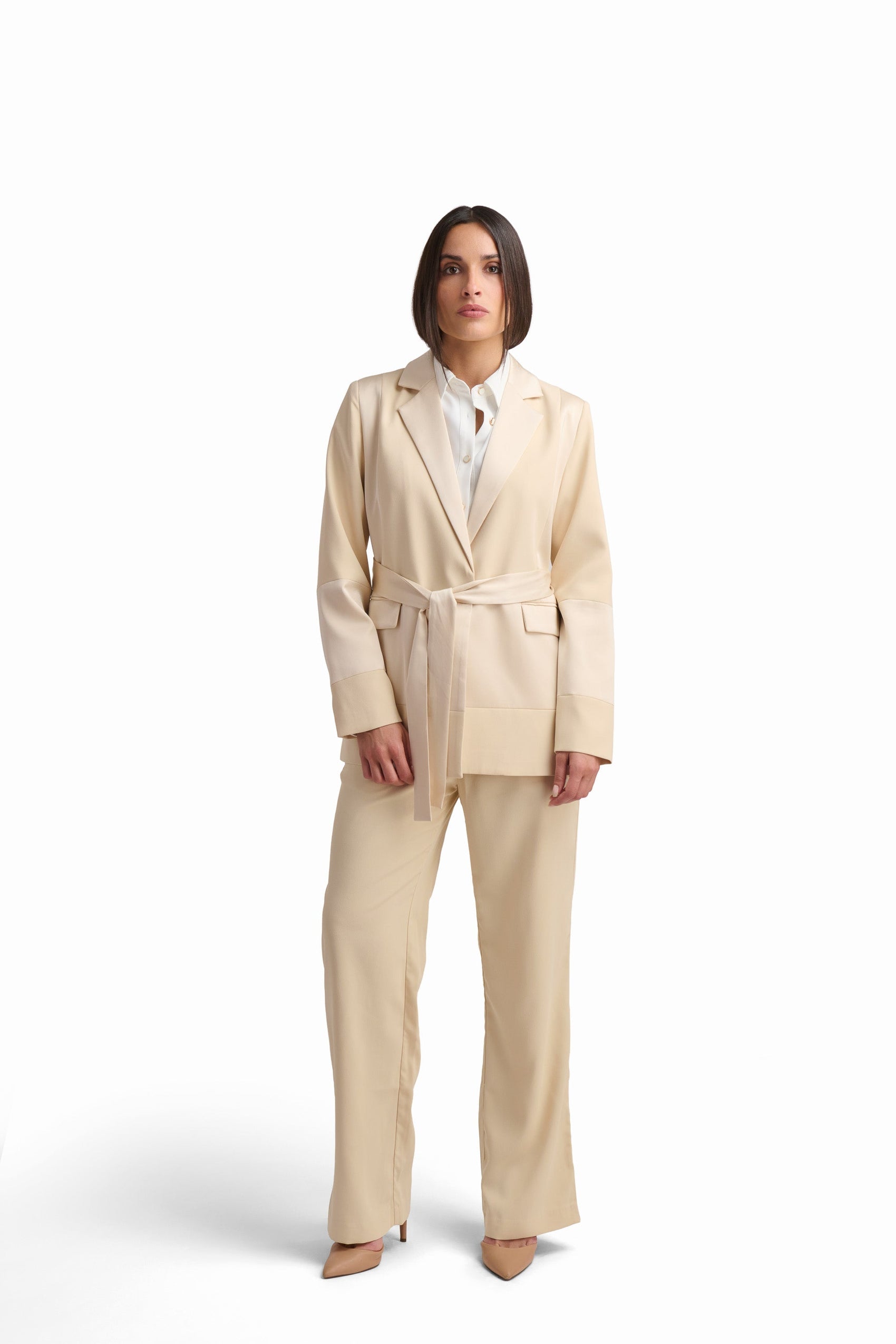 Cream Belted Tailored Blazer