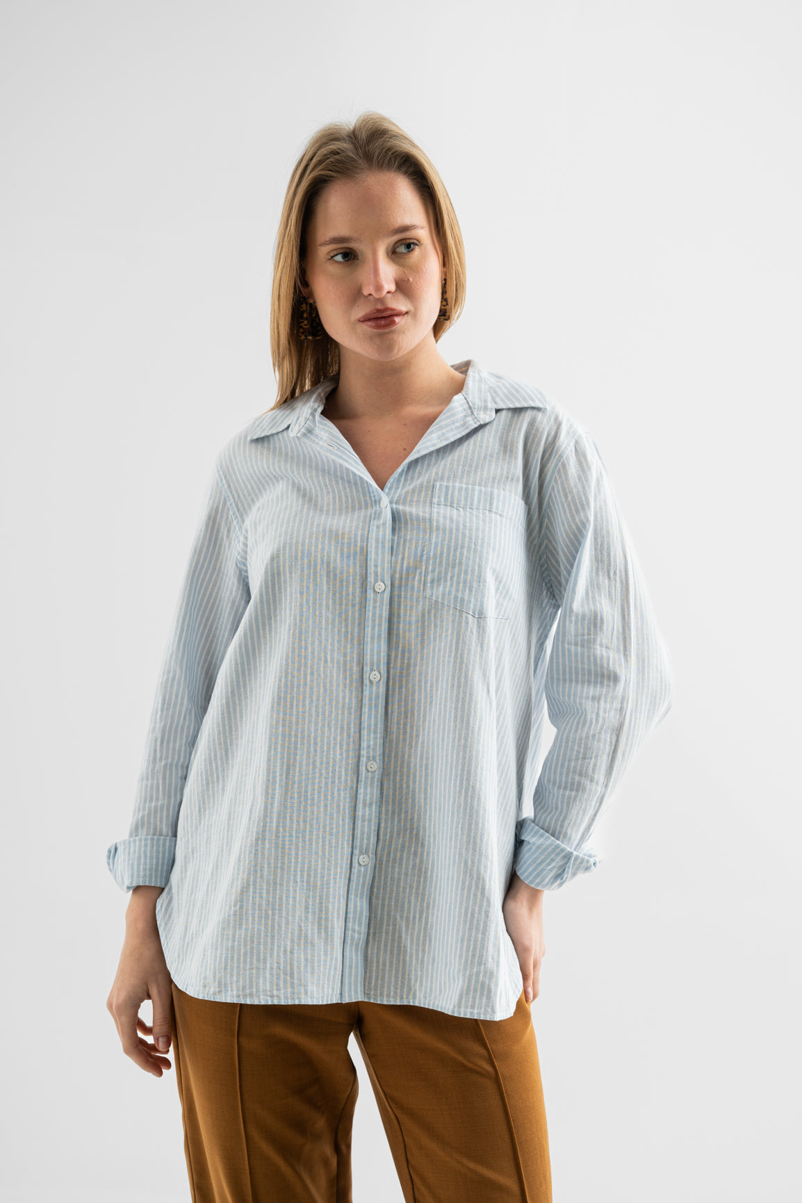 Light Blue Striped Cotton-Linen Shirt