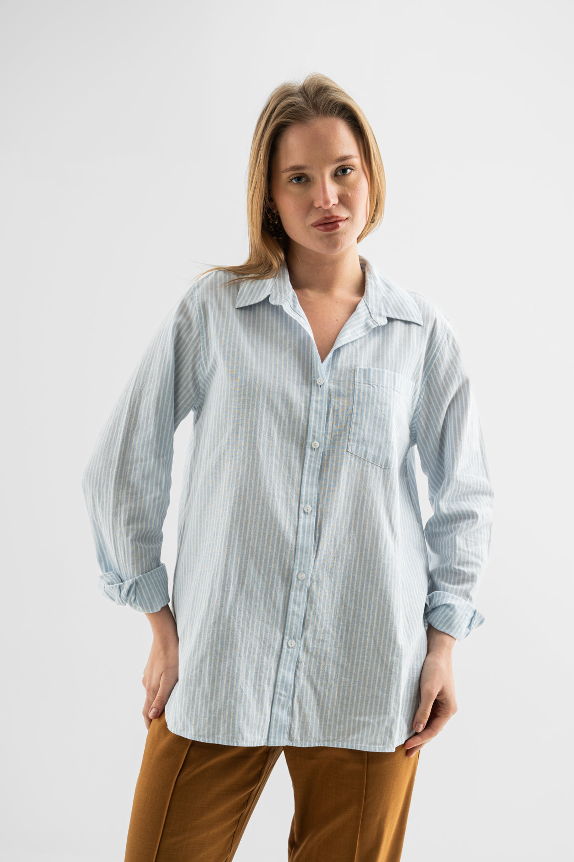 Light Blue Striped Cotton-Linen Shirt