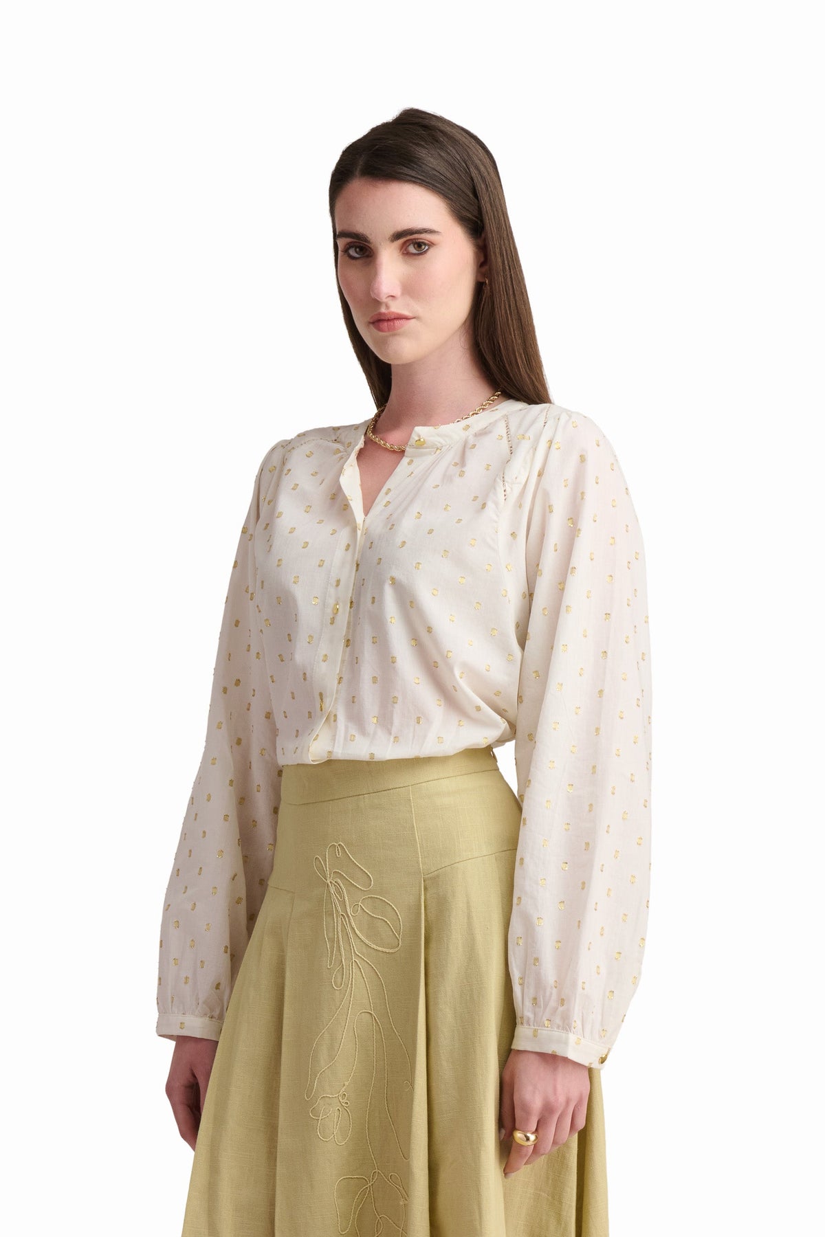 Cream Dotted Button-Up Blouse