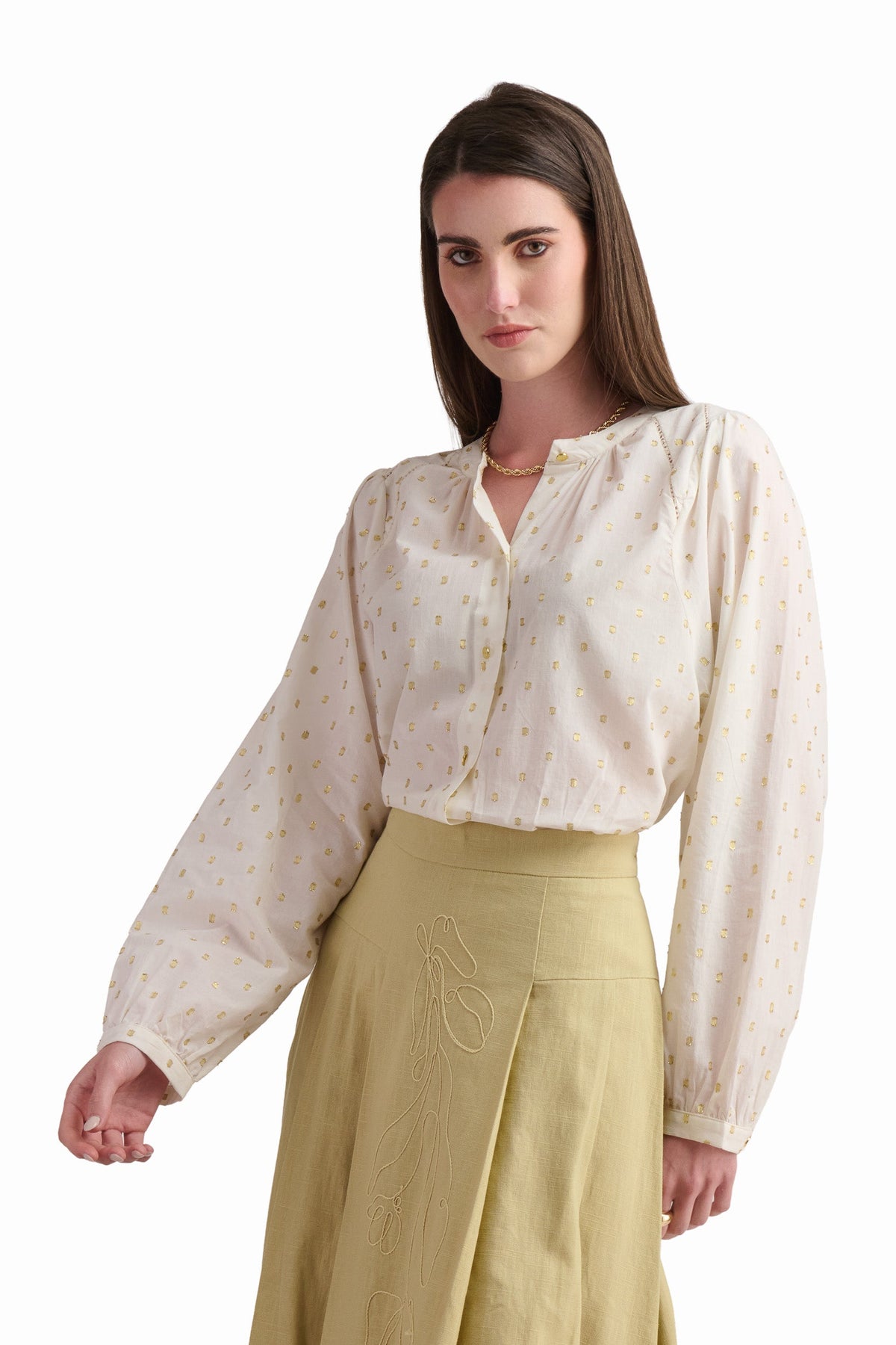 Cream Dotted Button-Up Blouse