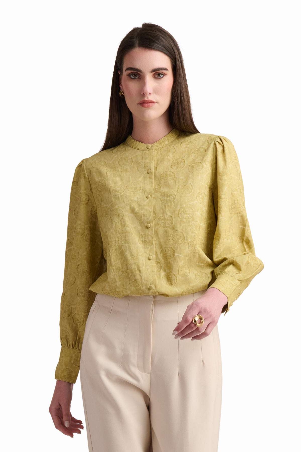 Sage Floral Linen-Blend Blouse