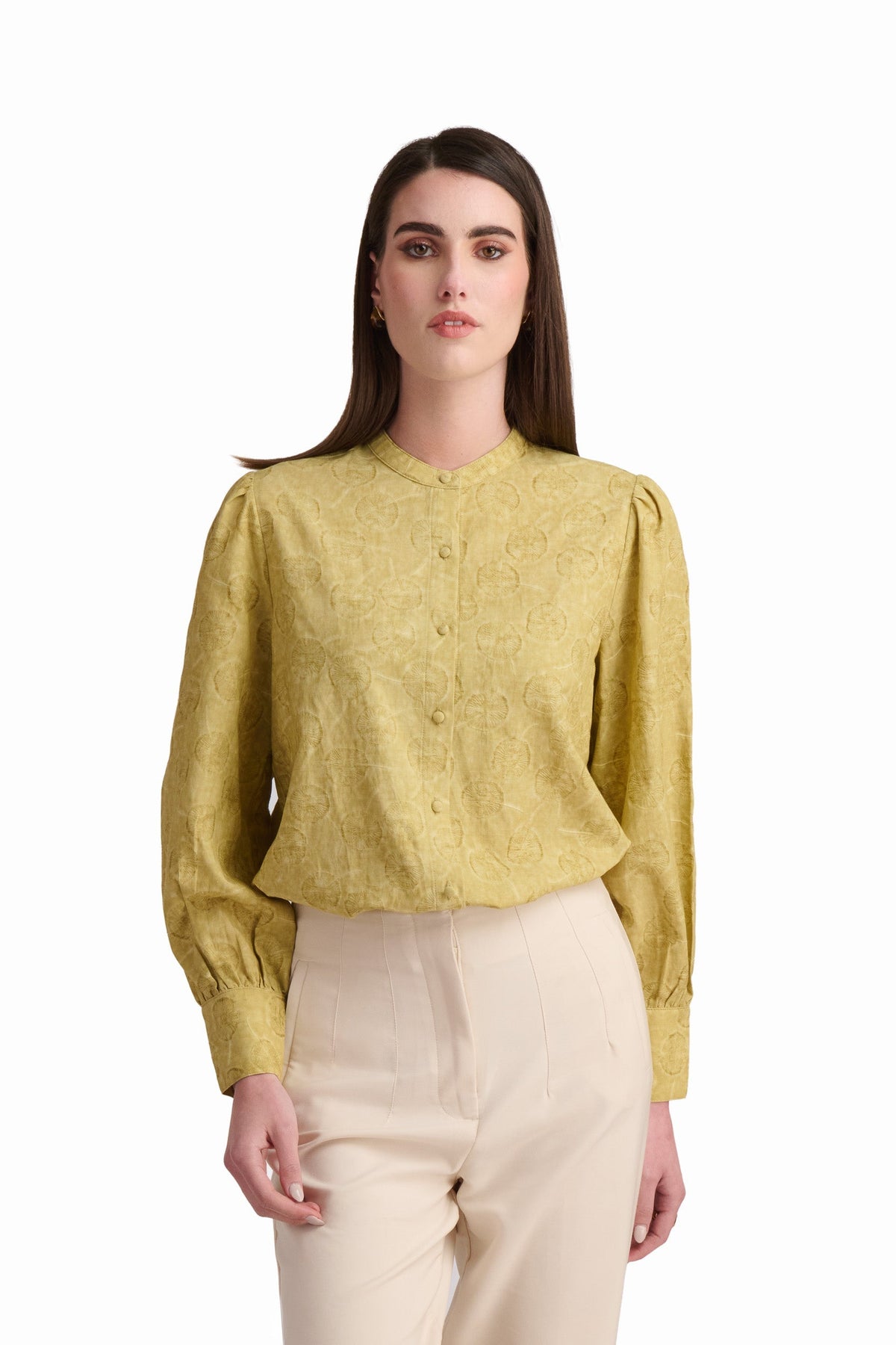 Sage Floral Linen-Blend Blouse