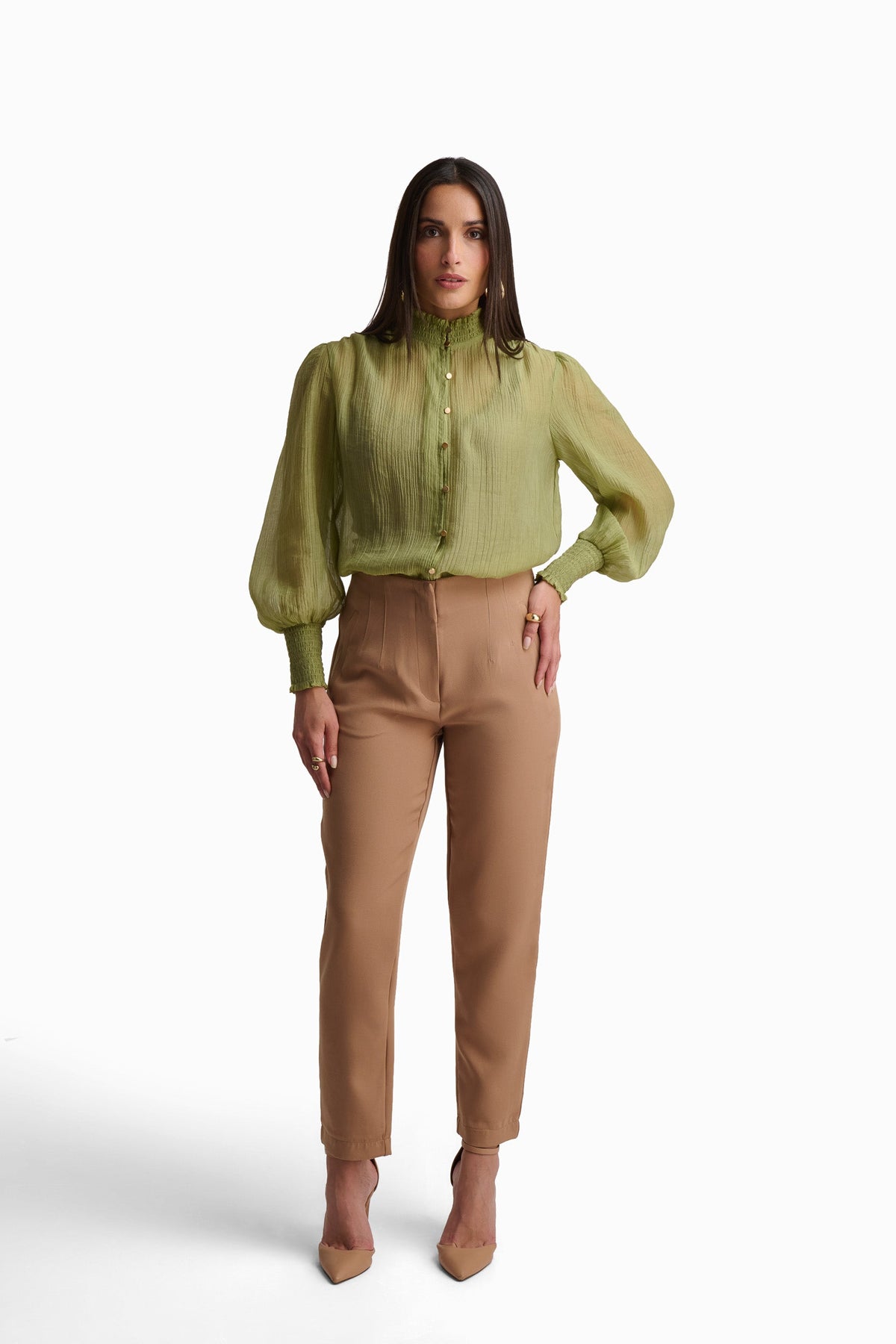 Olive Whisper High-Neck Blouse
