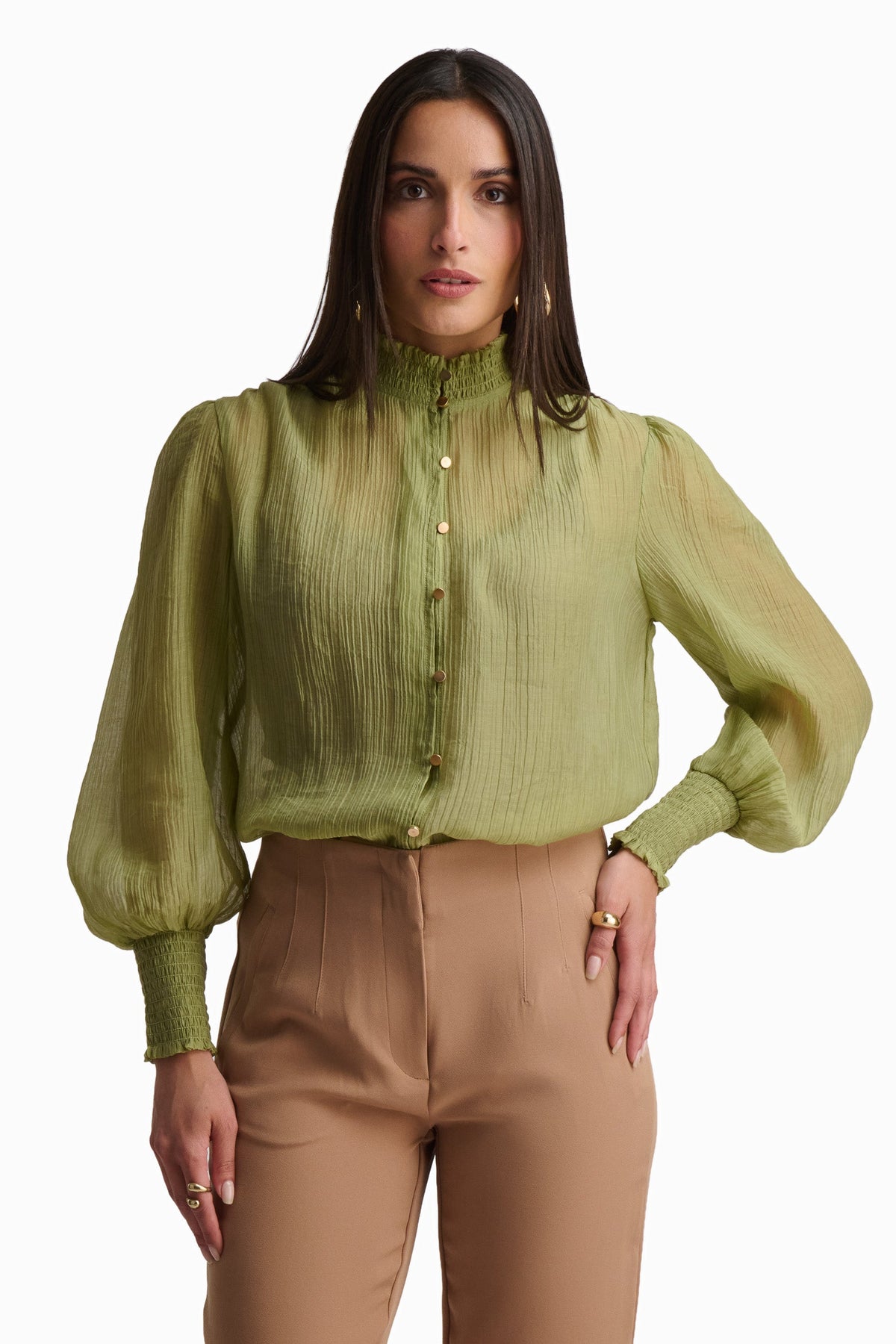 Olive Whisper High-Neck Blouse