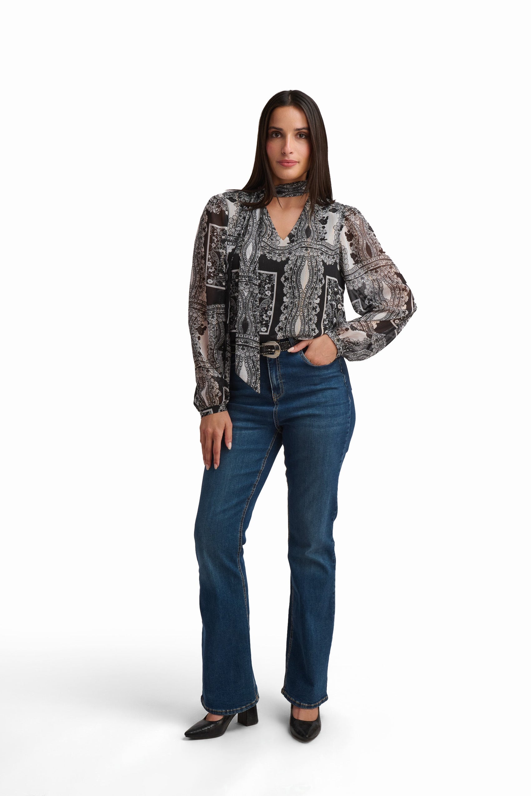 Black Long-Sleeve Blouse with Ornamental Design