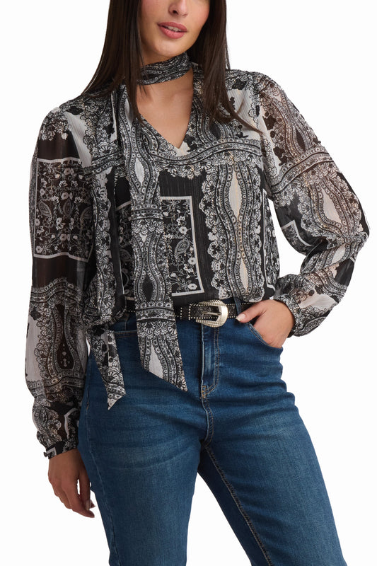 Black Long-Sleeve Blouse with Ornamental Design