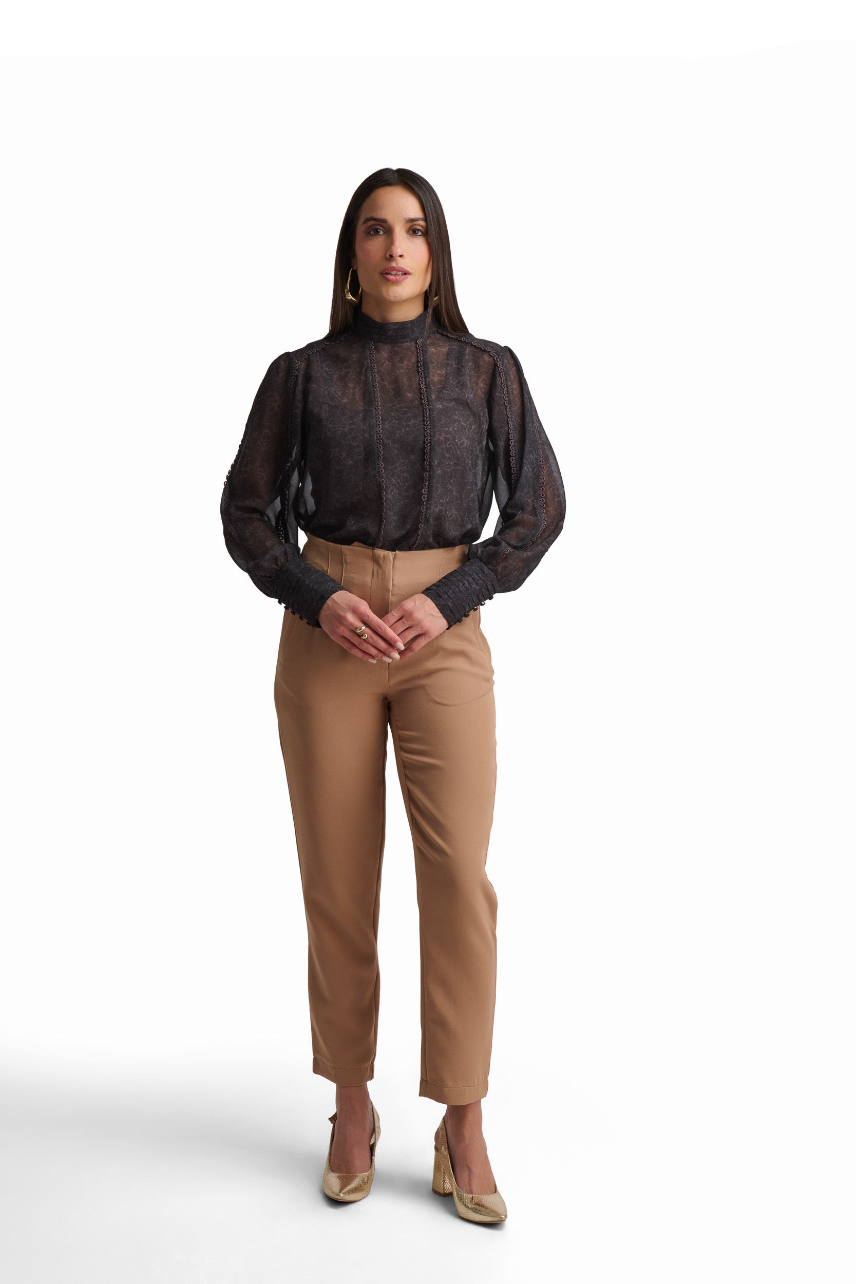 Black Long-Sleeve Blouse with Textured Detail