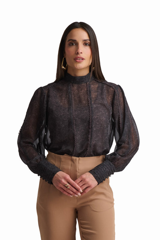Black Long-Sleeve Blouse with Textured Detail
