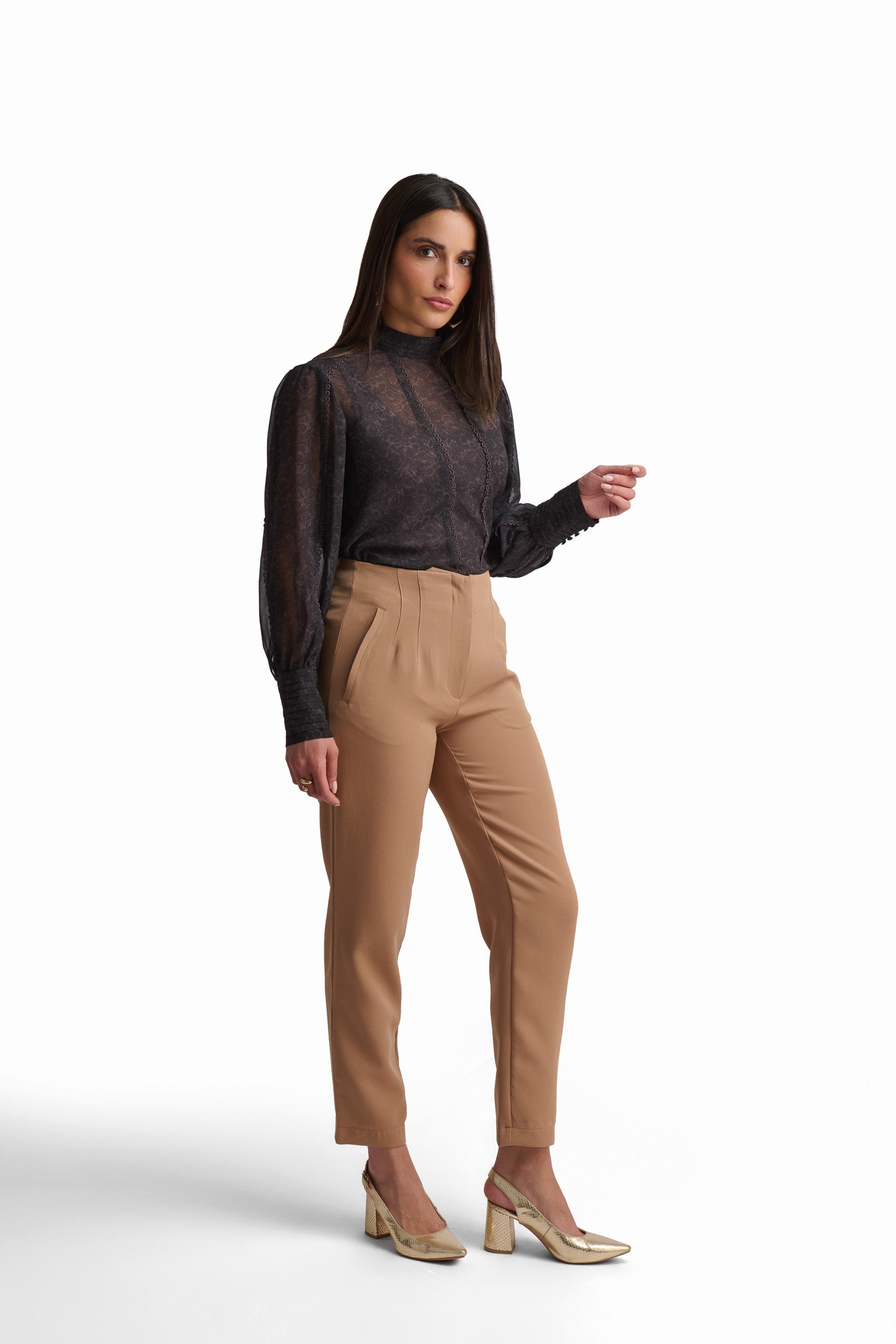 Black Long-Sleeve Blouse with Textured Detail