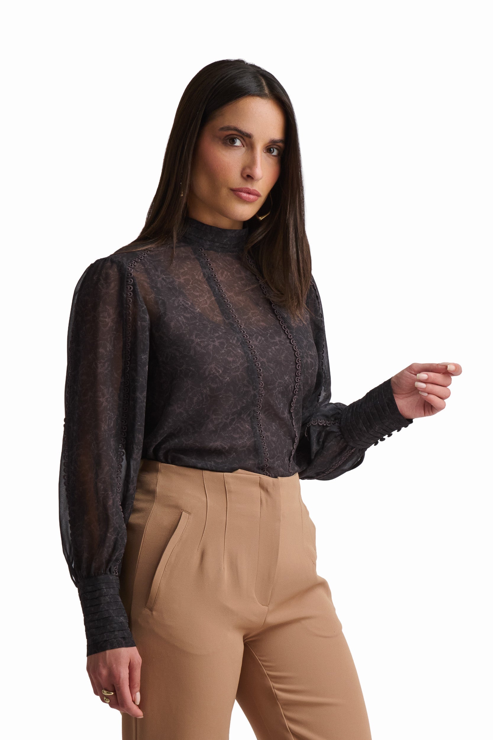 Black Long-Sleeve Blouse with Textured Detail