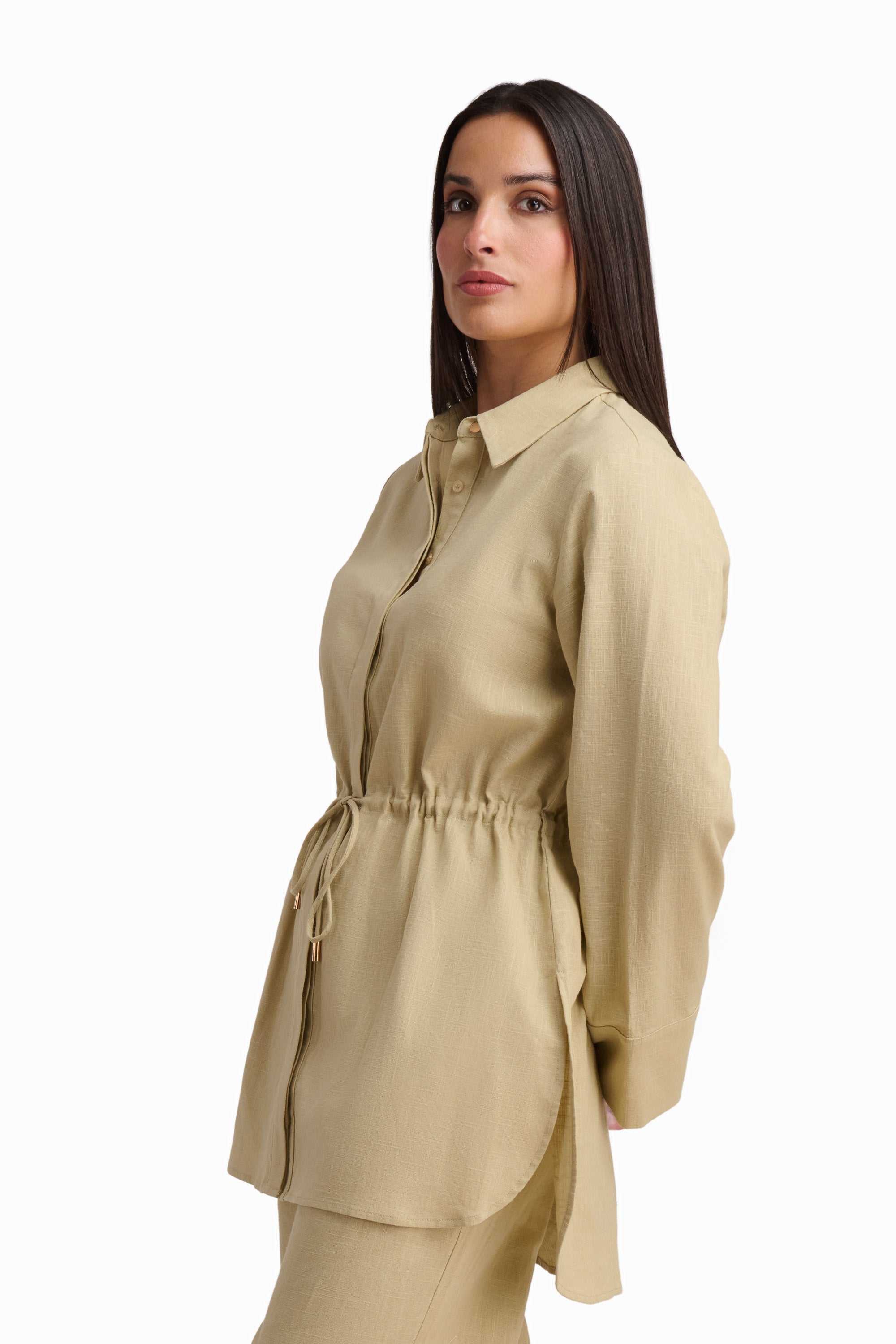 Beige Drawstring Waist Tunic Shirt