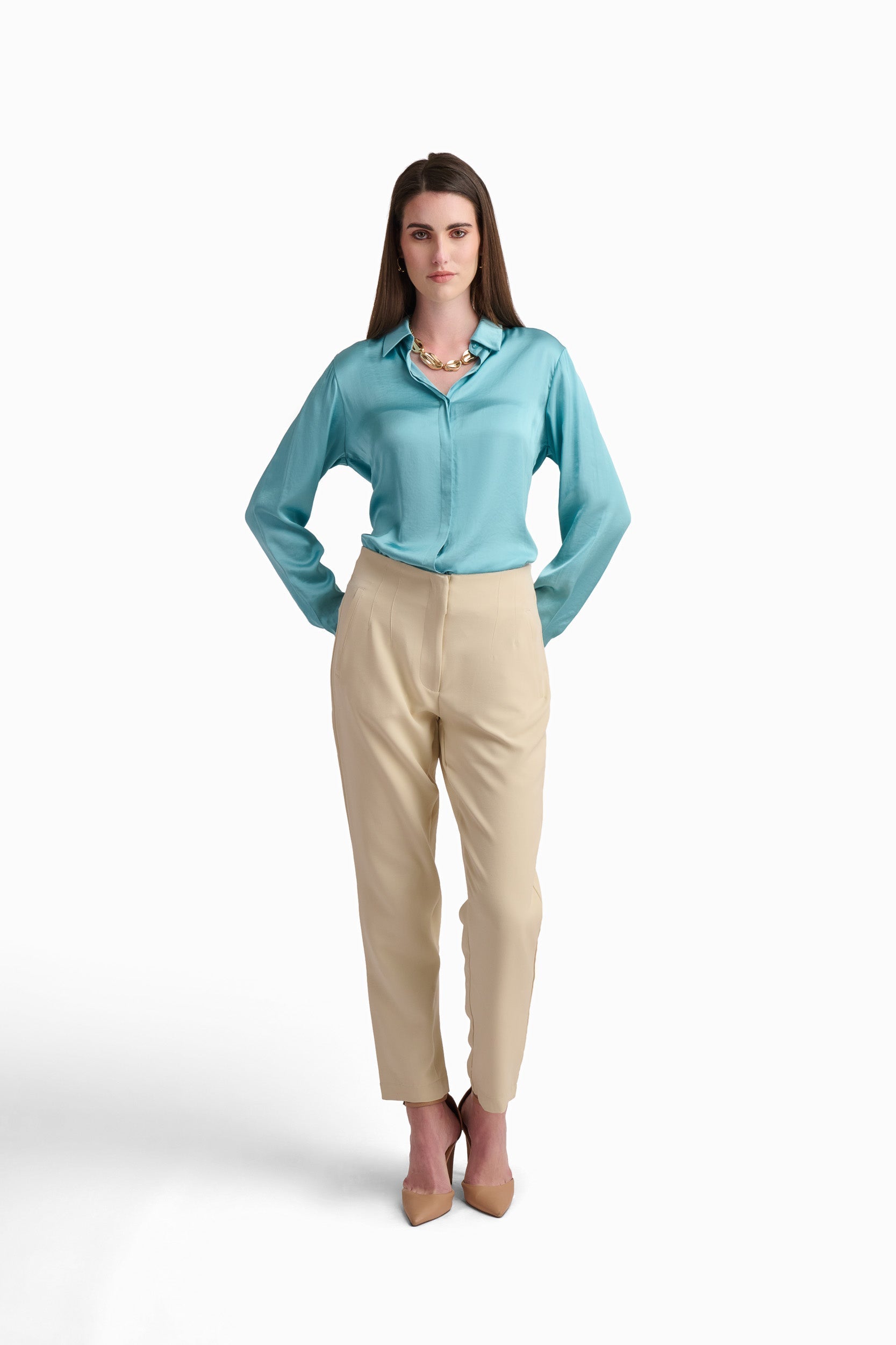 Silk-Touch Aqua Button-Up Blouse