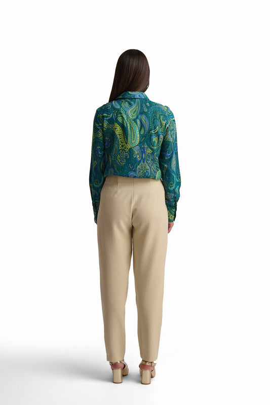 Beige High-Waist Straight Pants