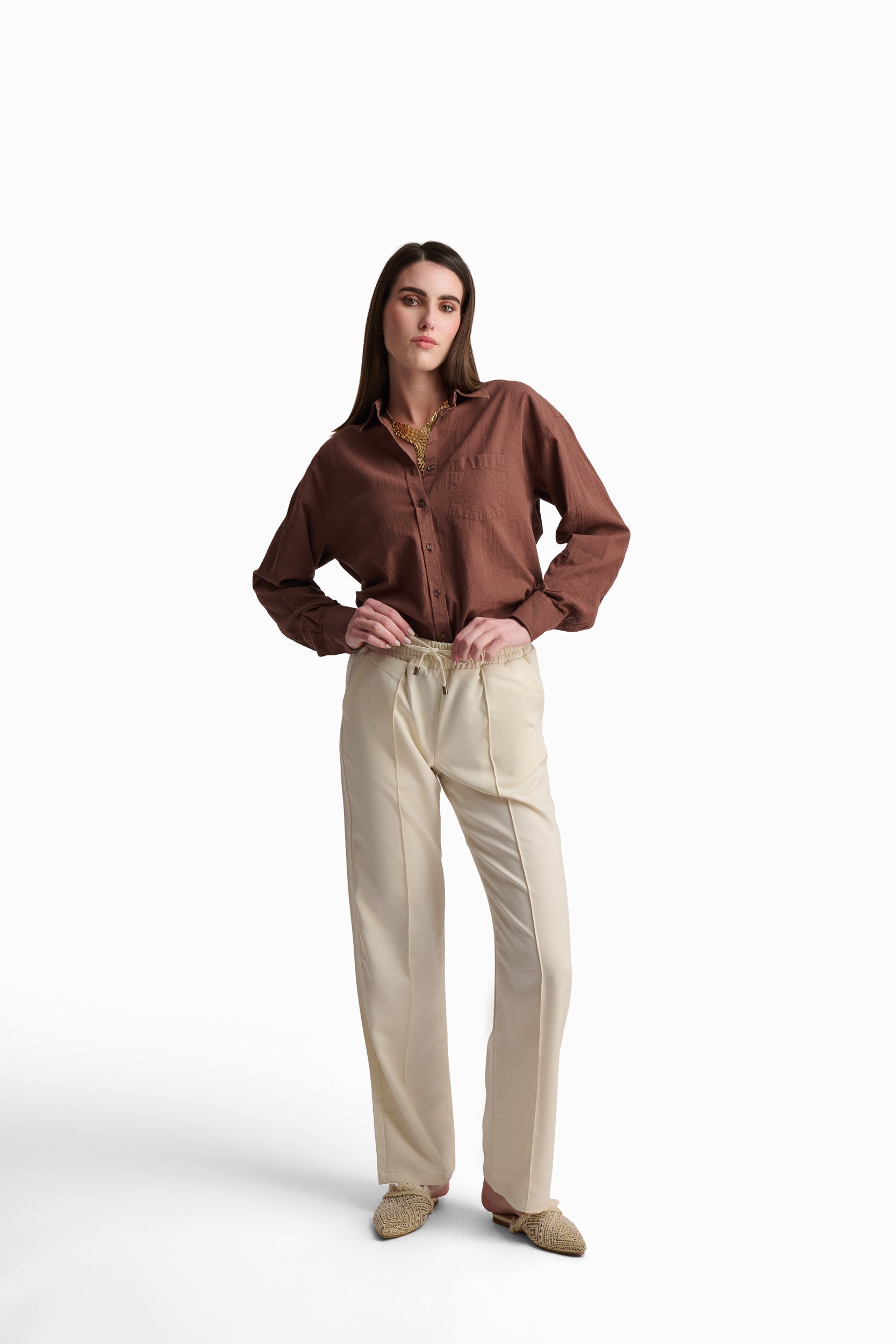 Beige Straight-Leg Pants