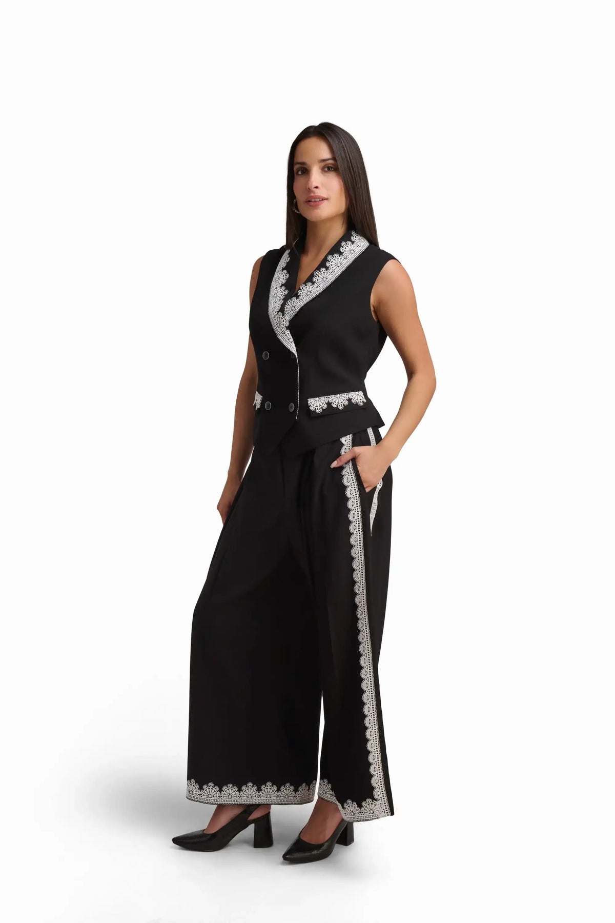 Black Wide-Leg Trousers with Lace Detail
