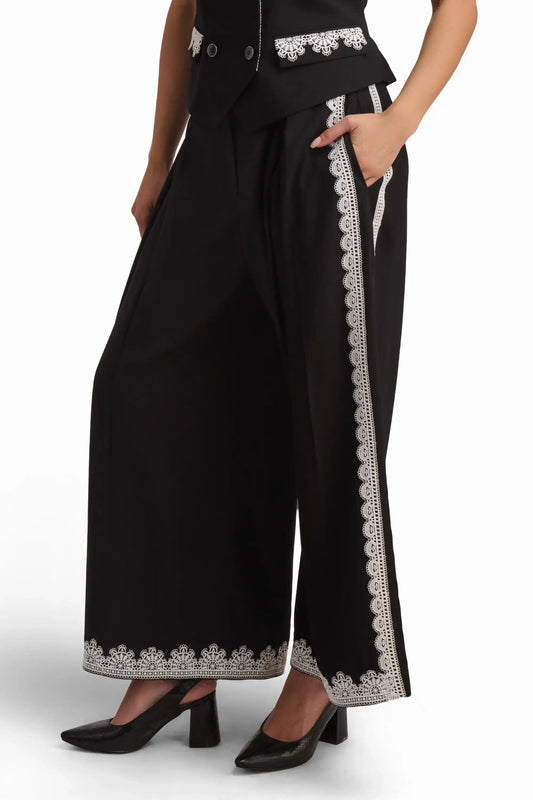 Black Wide-Leg Trousers with Lace Detail