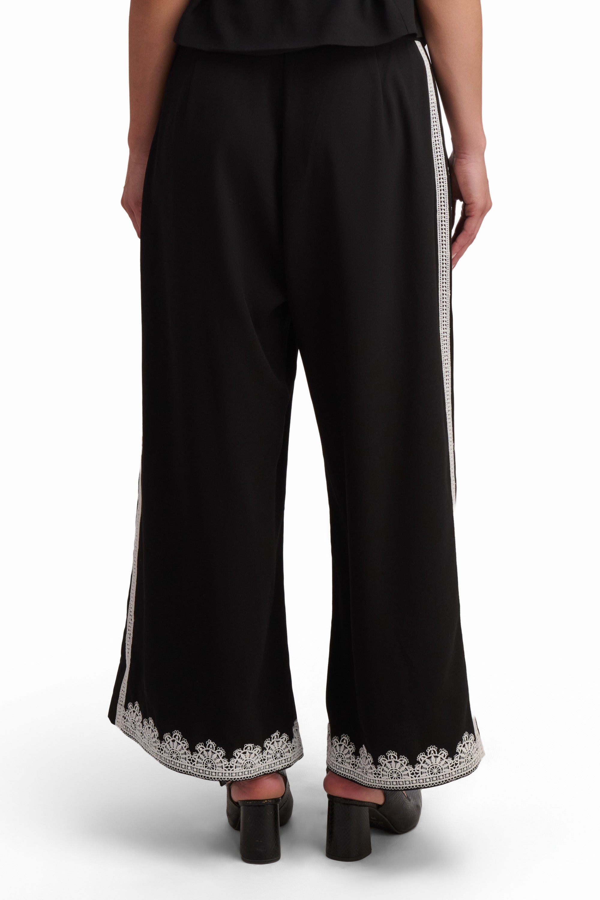 Black Wide-Leg Trousers with Lace Detail