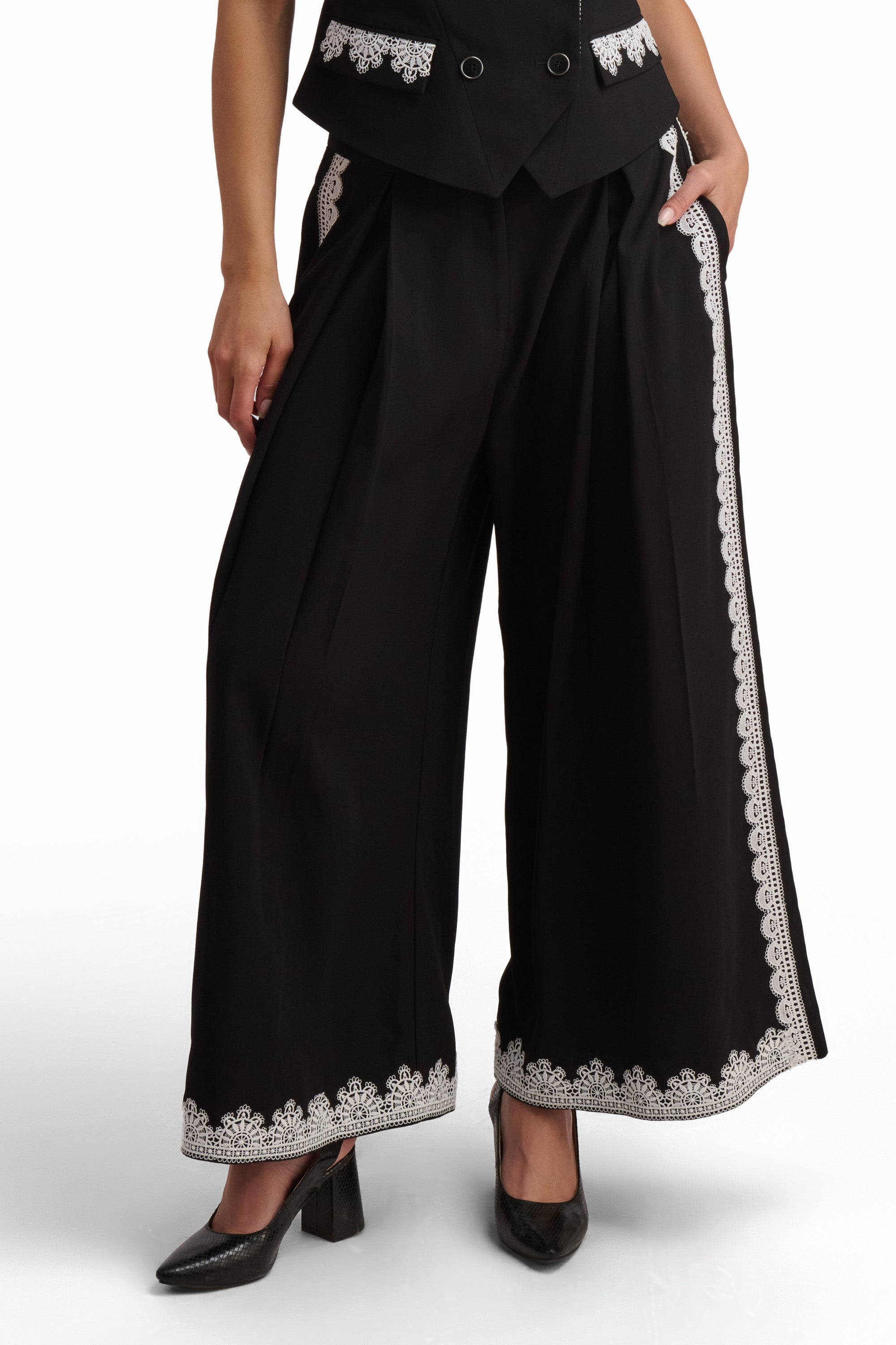 Black Wide-Leg Trousers with Lace Detail