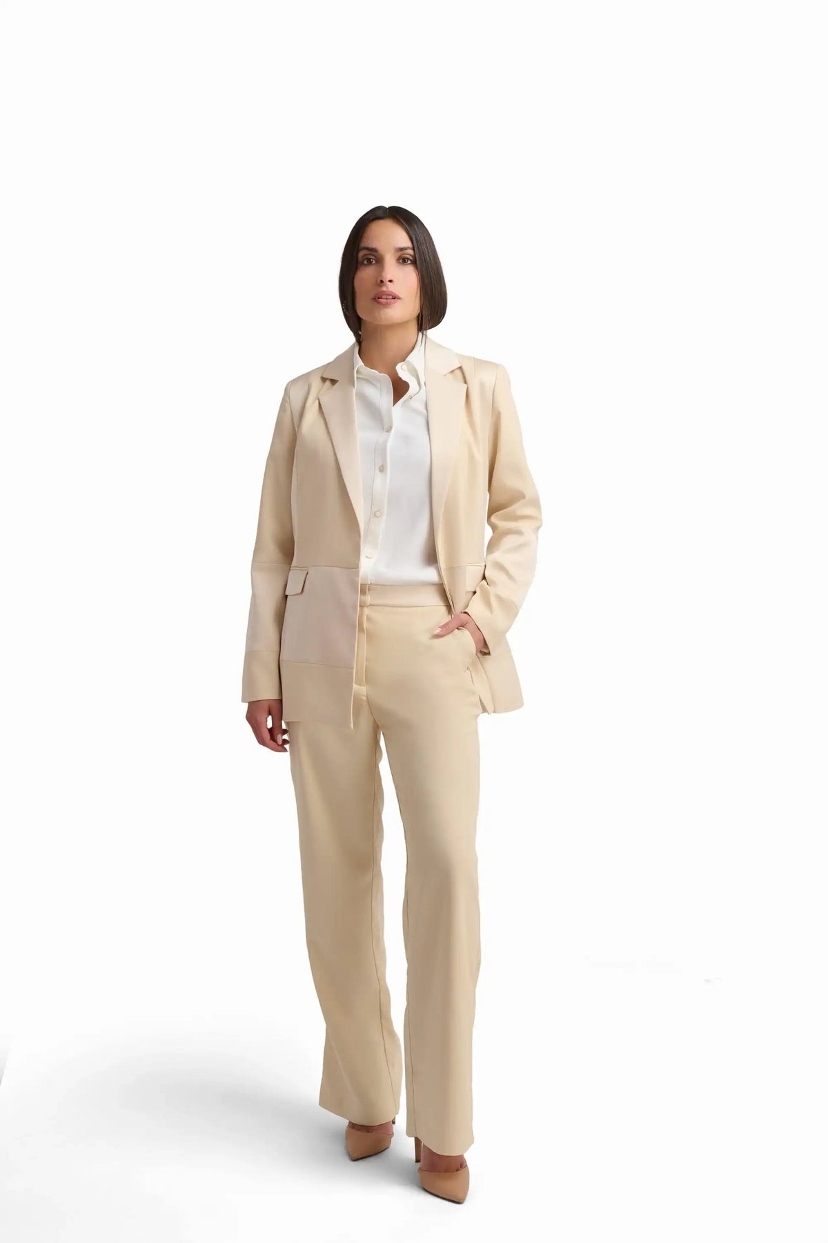 Beige High-Waisted Wide-Leg Trousers