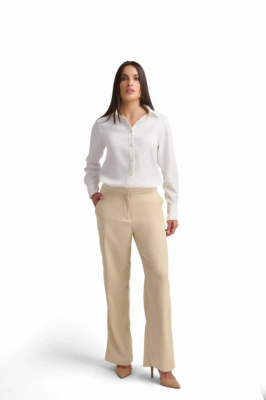 Beige High-Waisted Wide-Leg Trousers