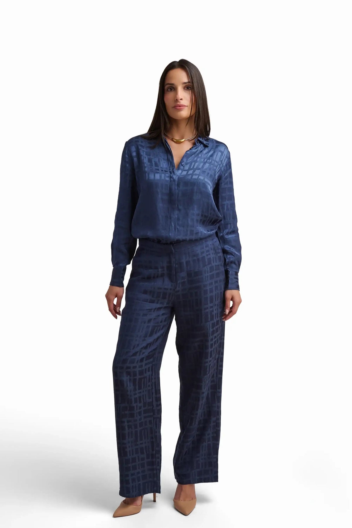 Navy Patterned Linen-Blend Pants
