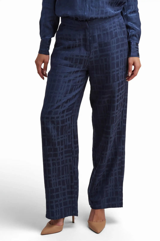 Navy Patterned Linen-Blend Pants