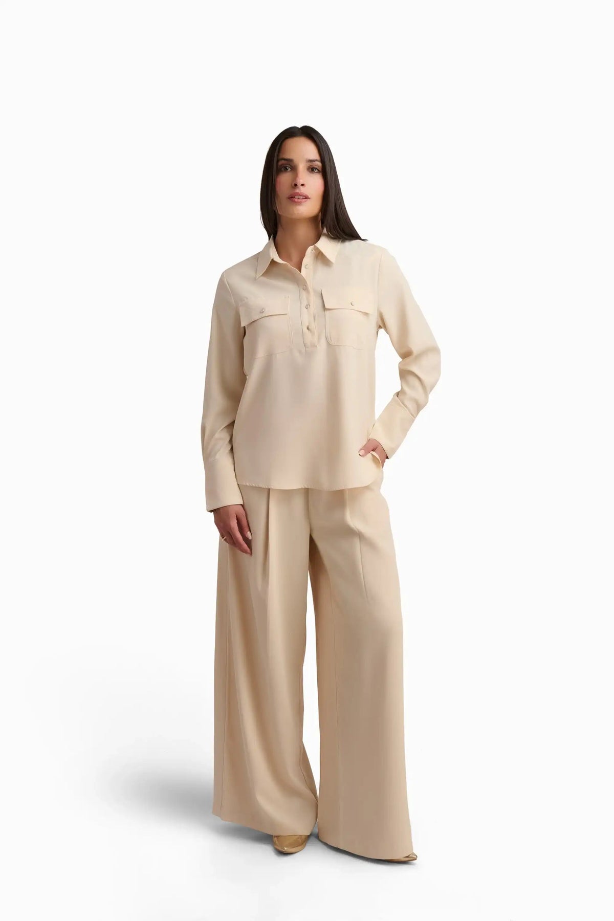 Beige Wide-Leg Pleated Trousers