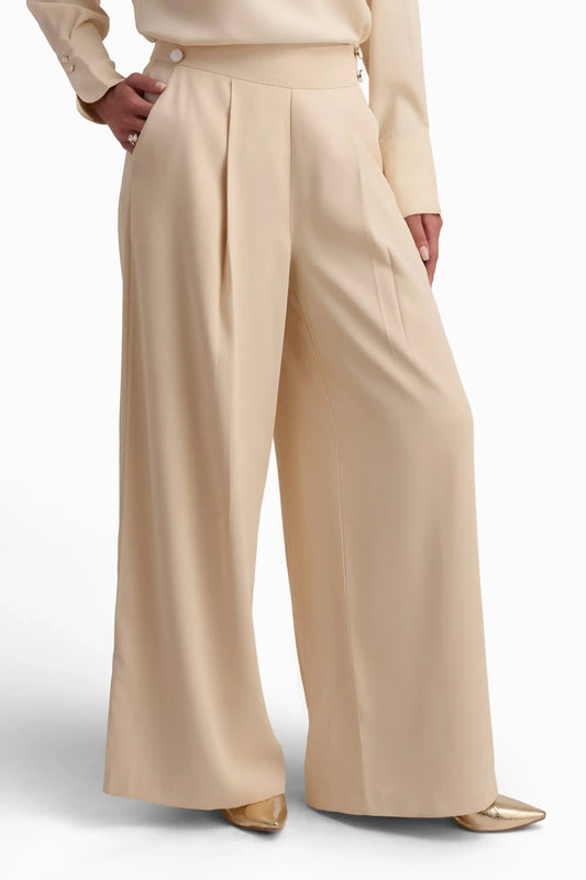 Beige Wide-Leg Pleated Trousers
