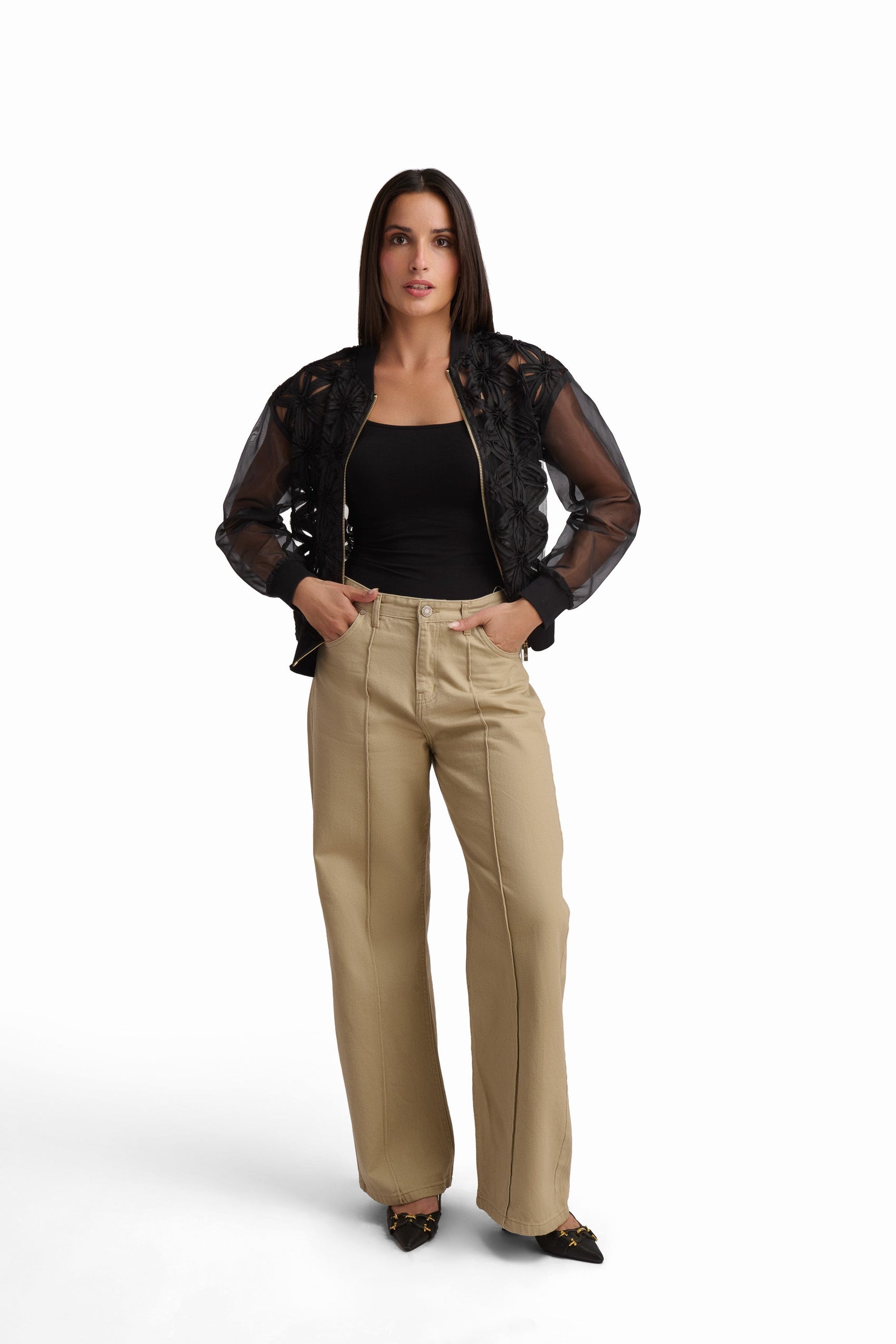 Beige Denim Wide-Leg Jeans