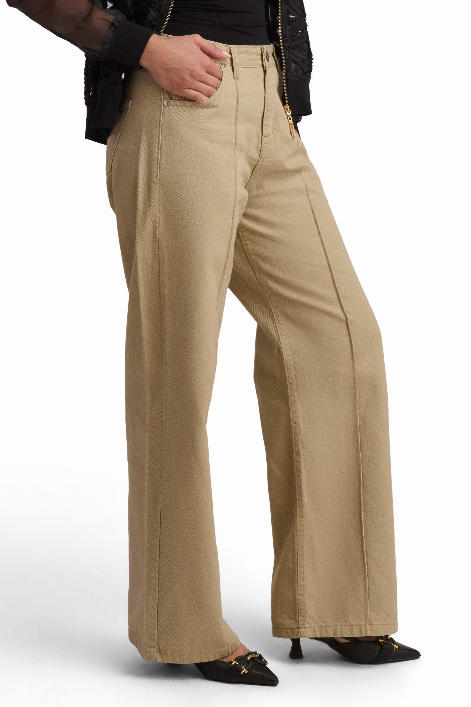 Beige Denim Wide-Leg Jeans