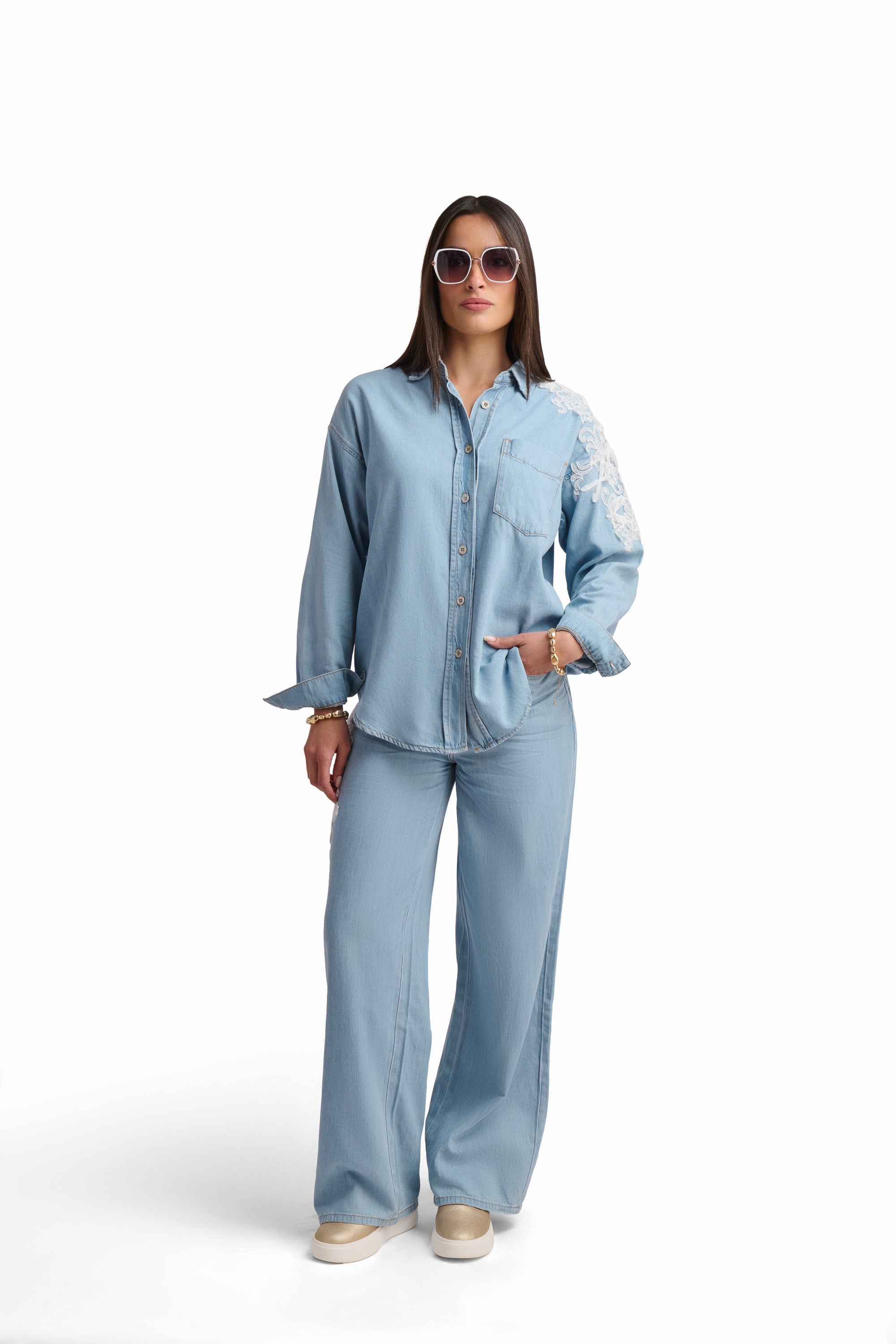 Light Blue Denim Shirt with Lace Detail