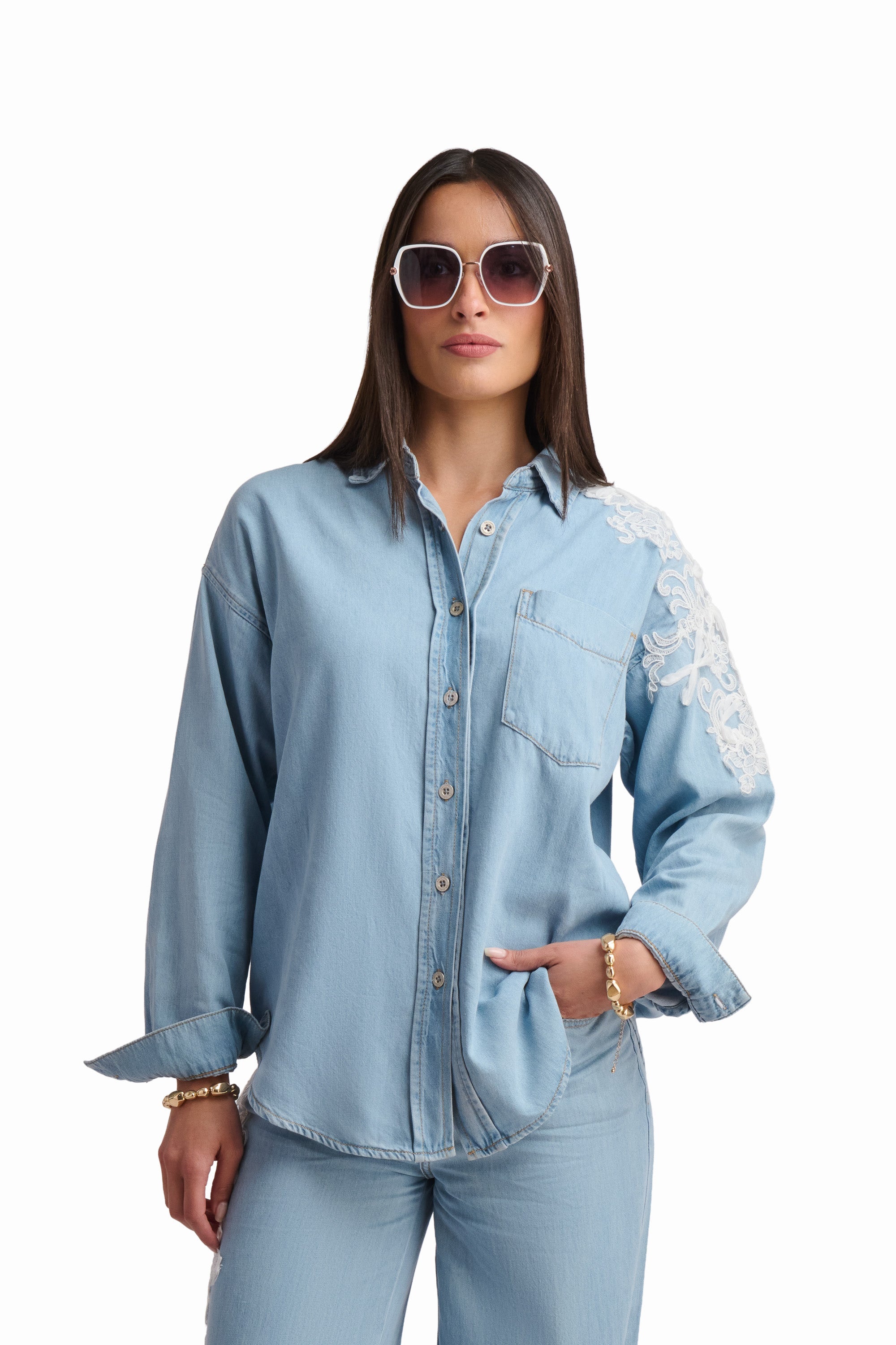 Light Blue Denim Shirt with Lace Detail