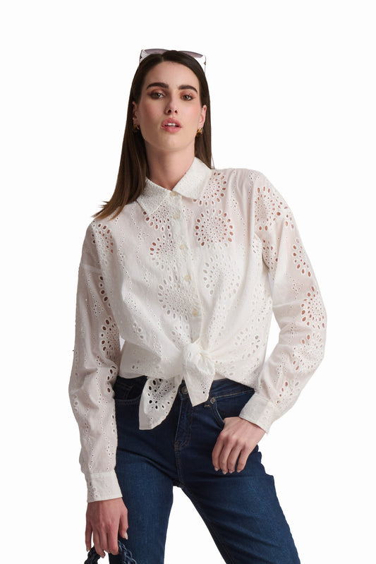 White Textured Embroidered Shirt