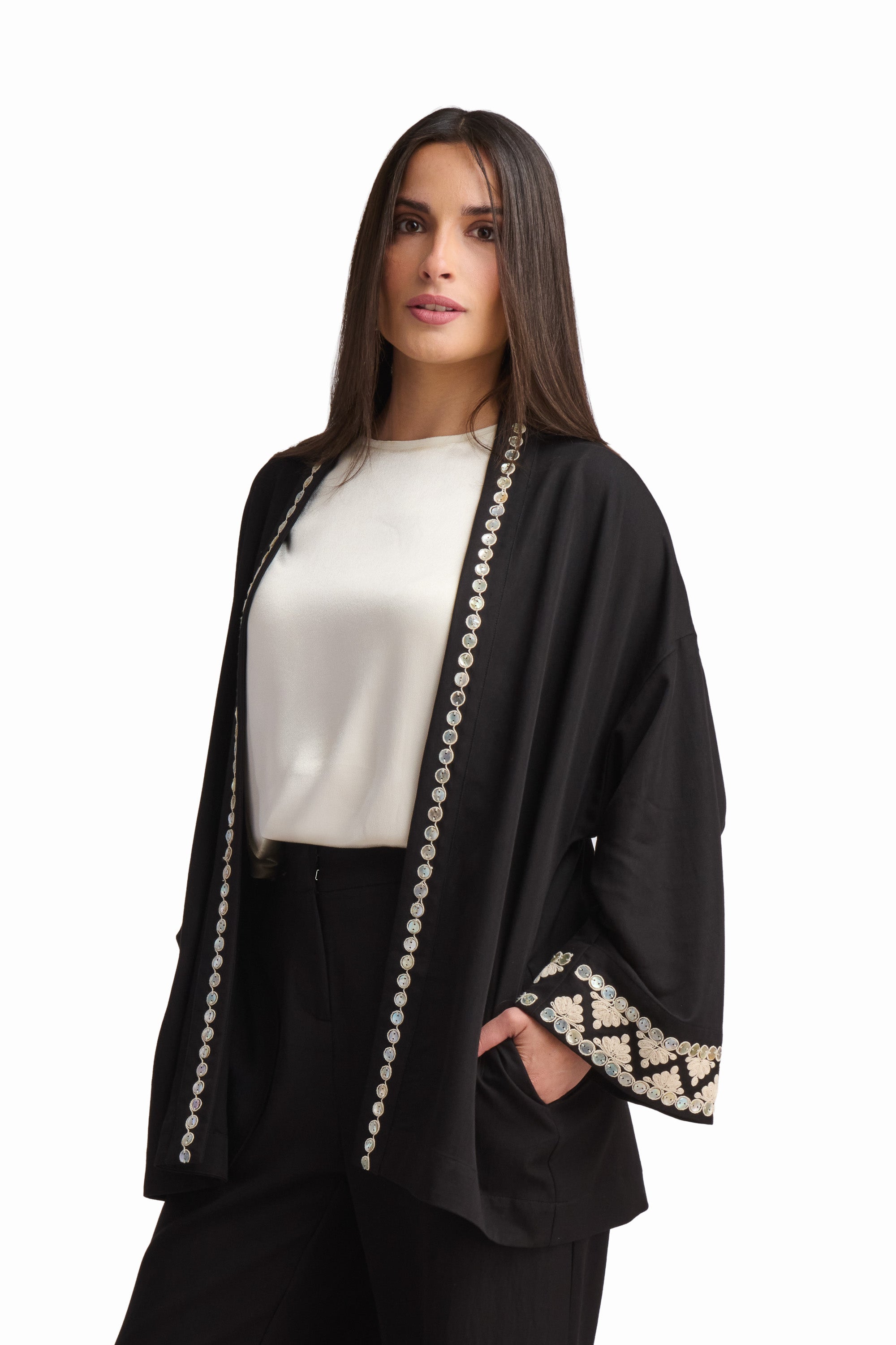 Black Embellished Open-Front Cardigan