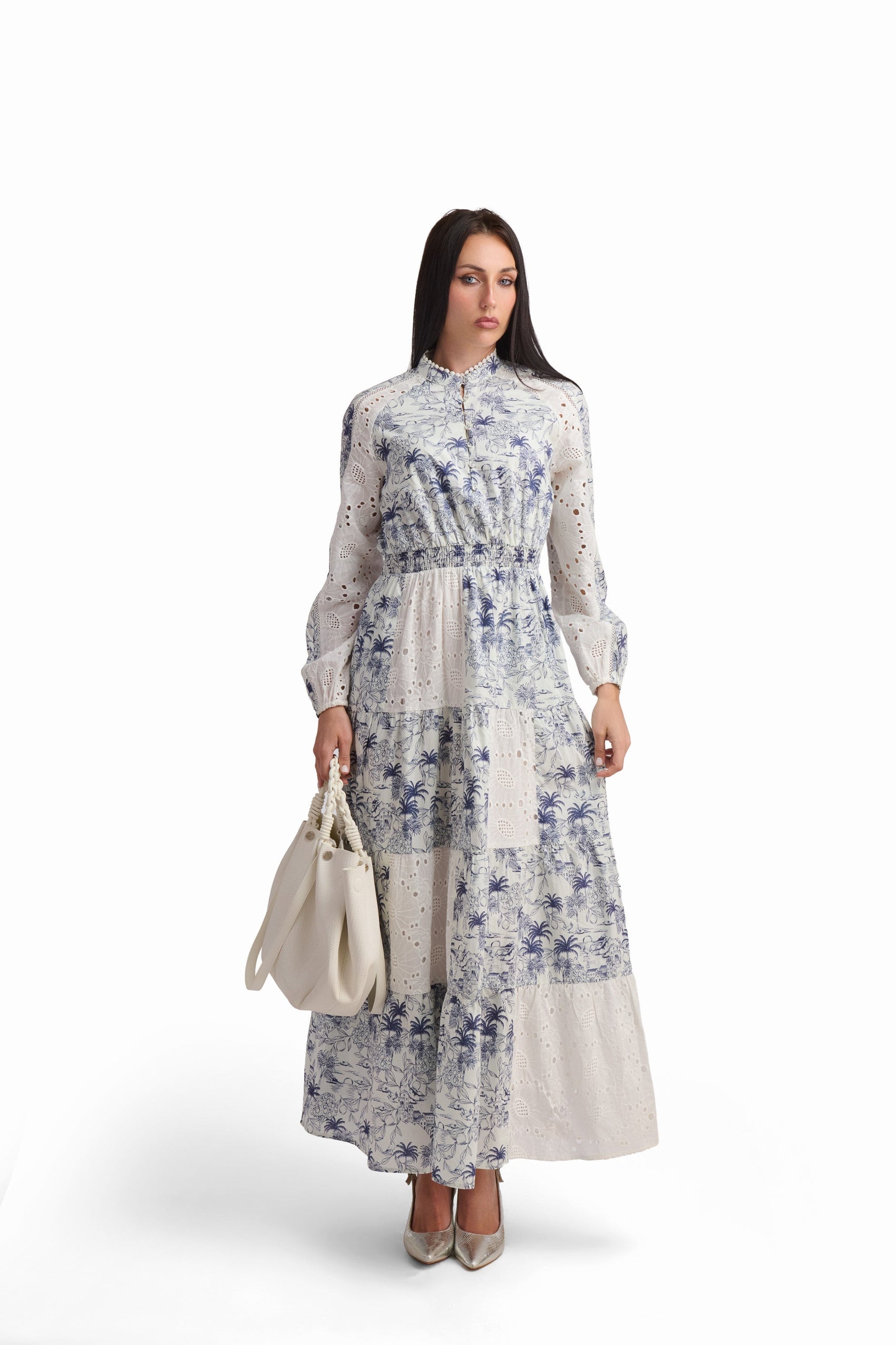 Blue Toile Lace Panel Maxi Dress