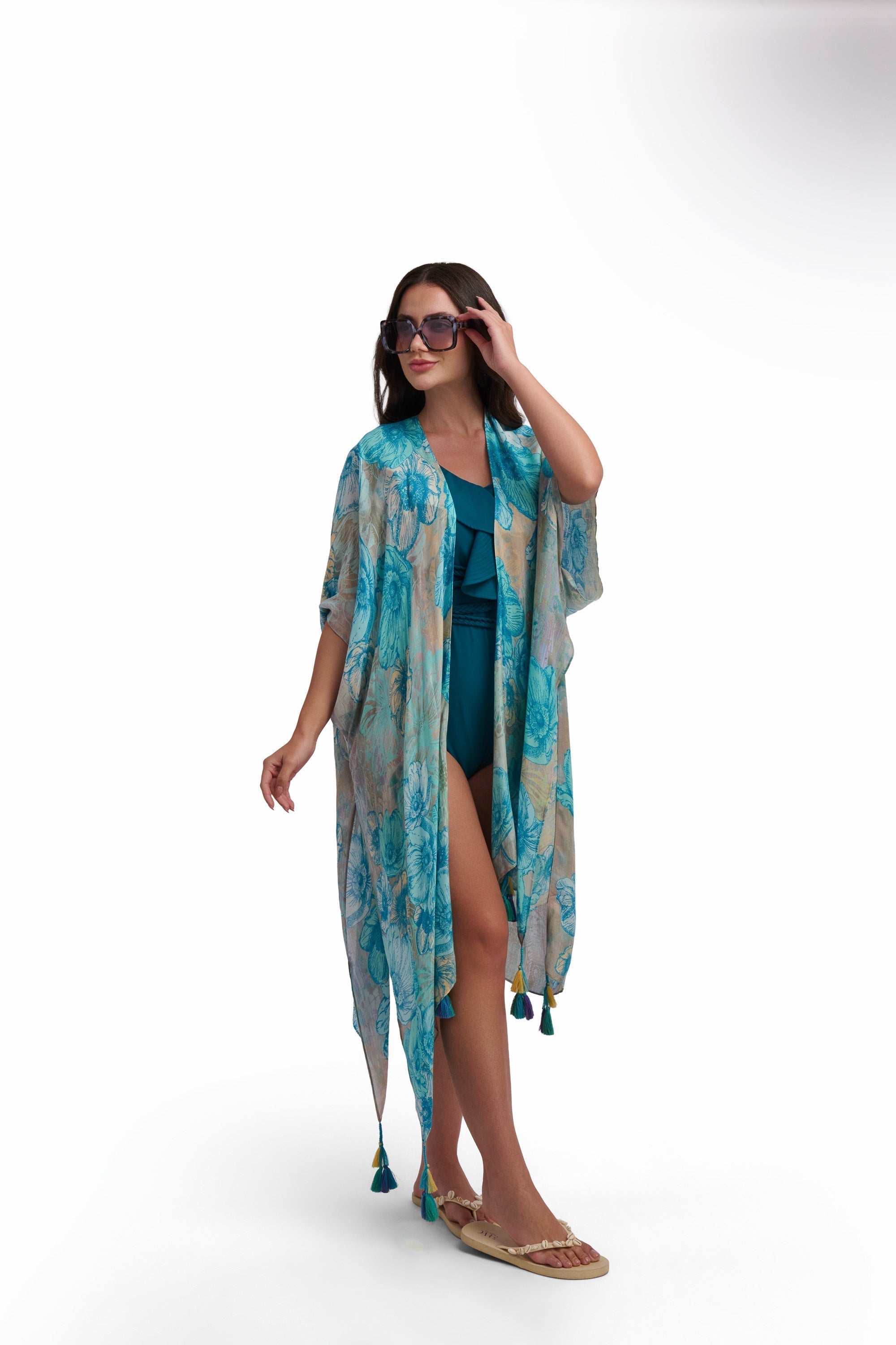 Turquoise Printed Kimono