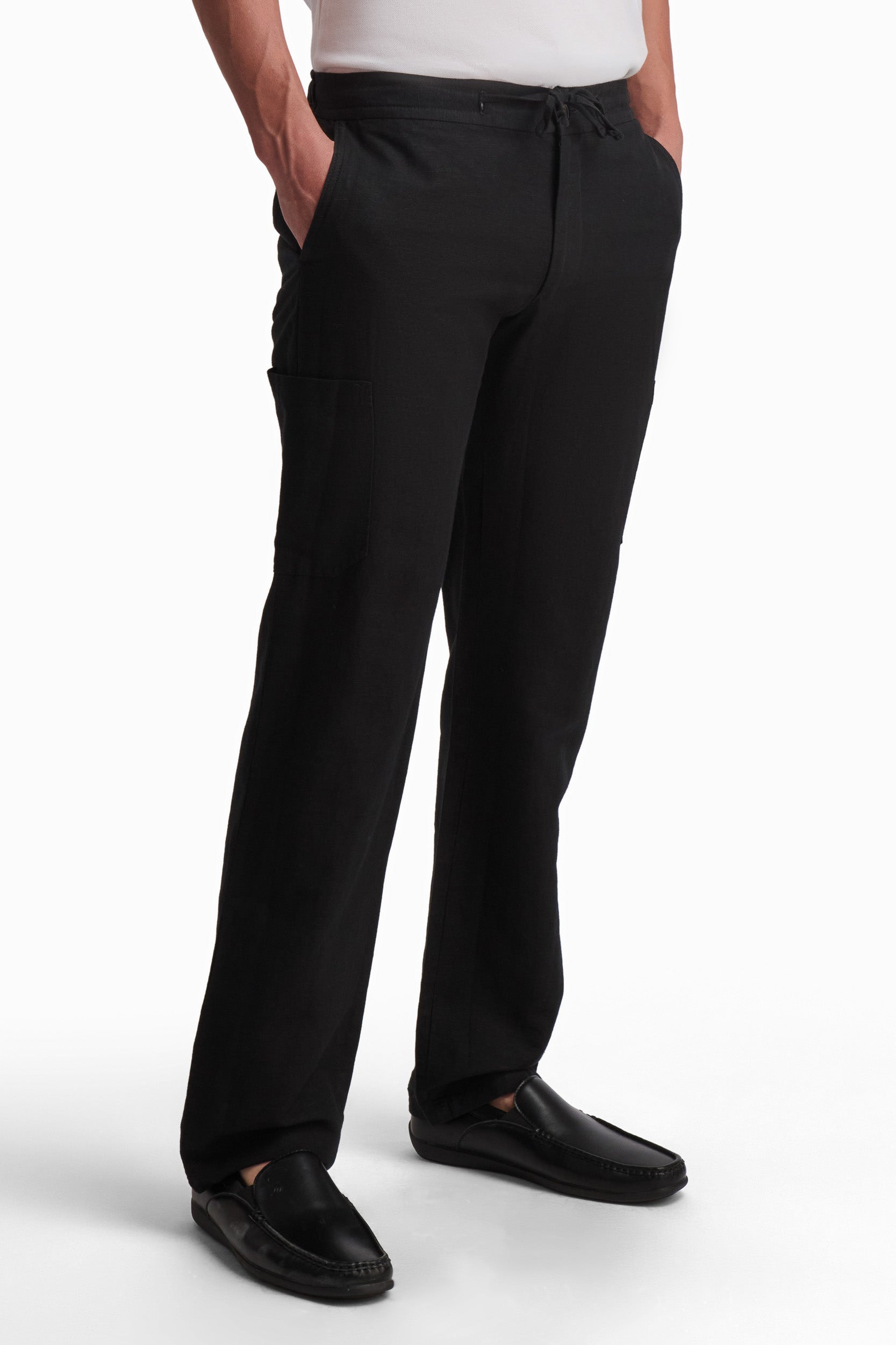 Men’s Black Linen-Cotton Straight-Leg Trousers