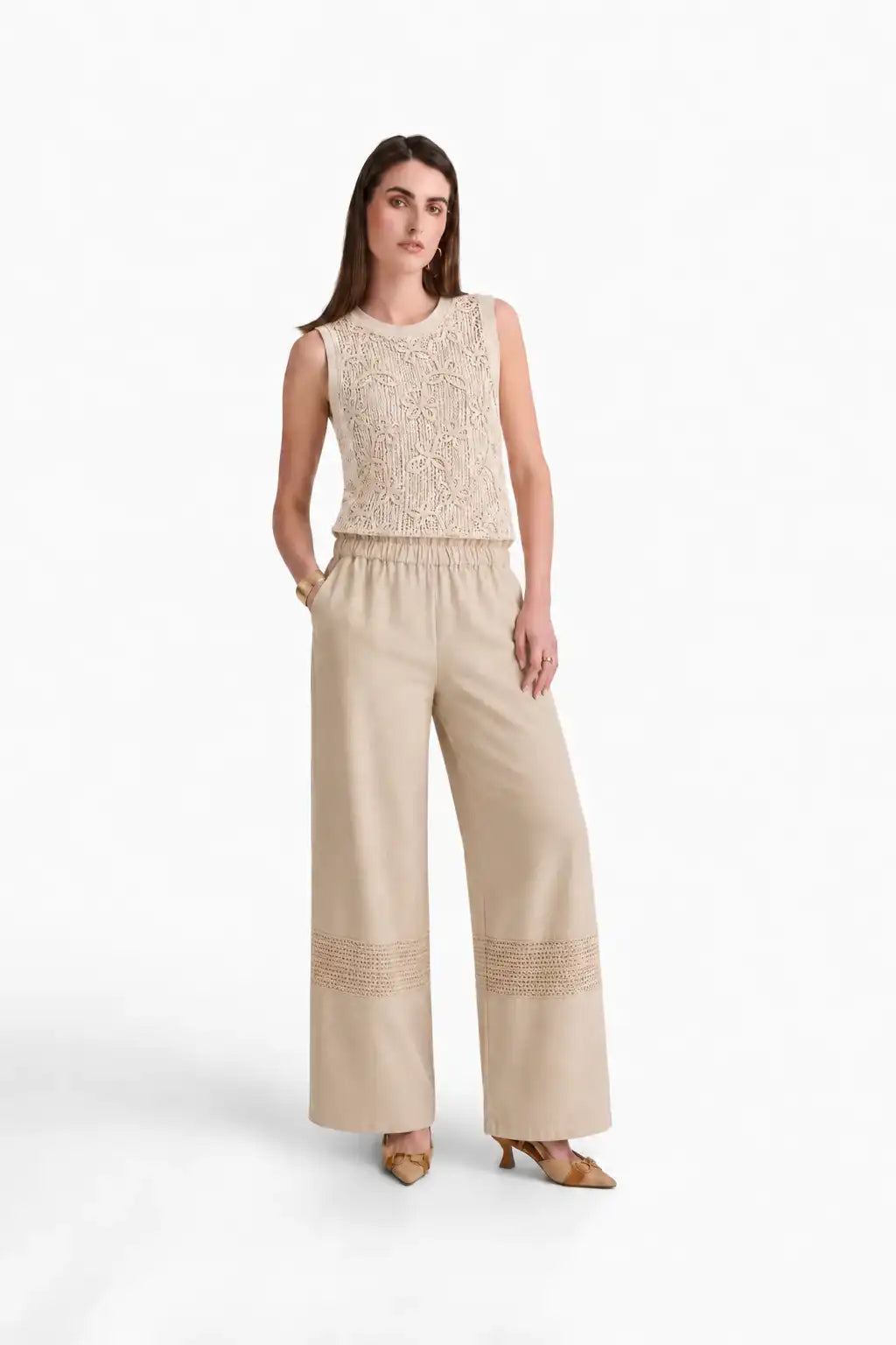 Beige Wide-Leg Pants with Crochet Detail