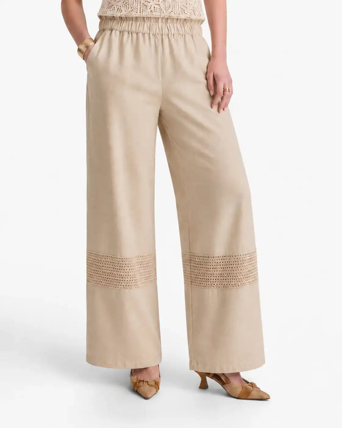 Beige Wide-Leg Pants with Crochet Detail
