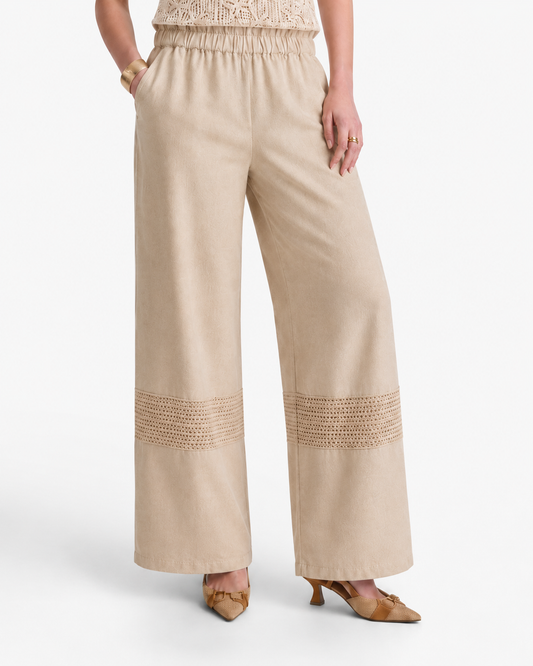 Women’s Beige Wide-Leg Pants with Crochet Detail