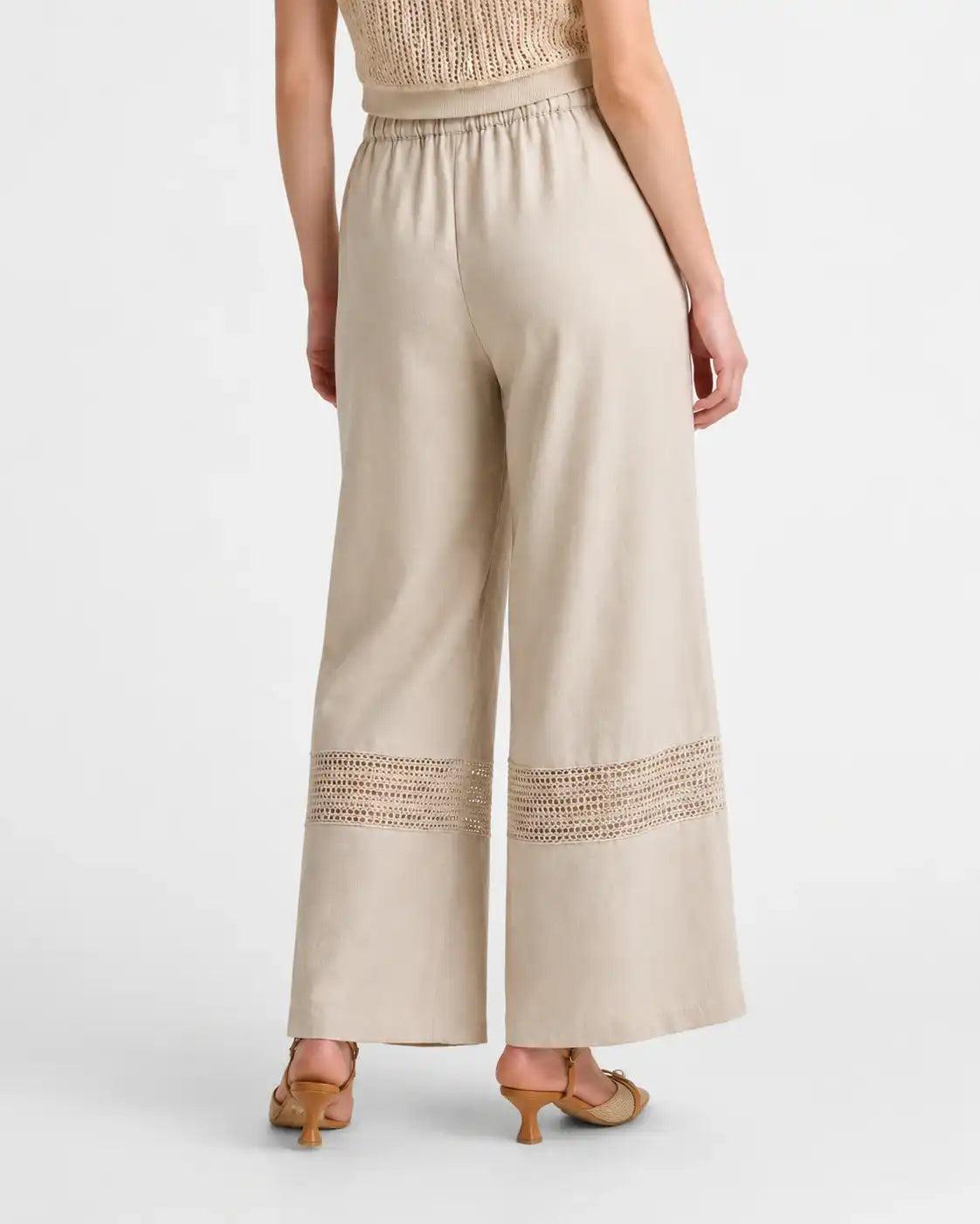 Beige Wide-Leg Pants with Crochet Detail