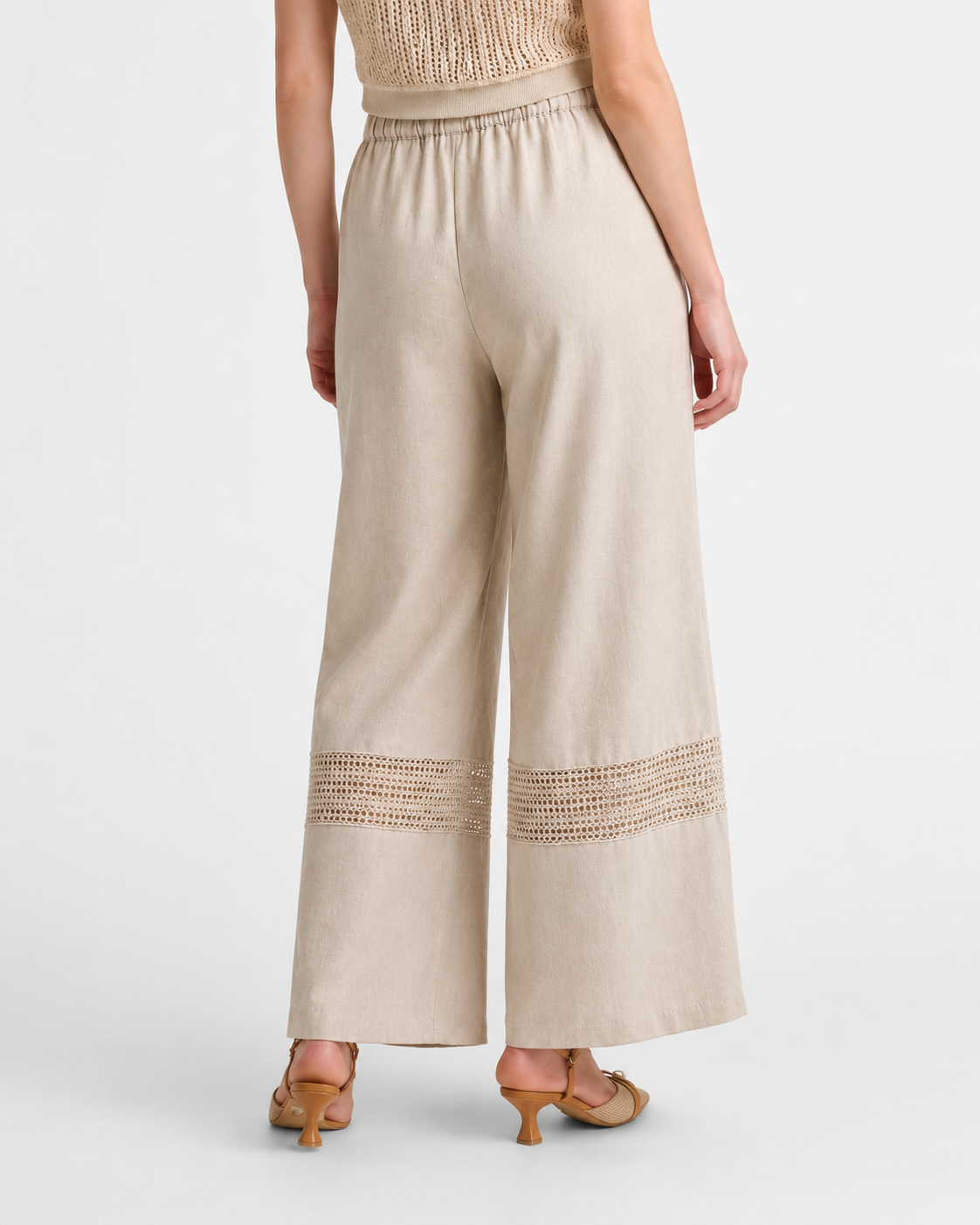 Women’s Beige Wide-Leg Pants with Crochet Detail