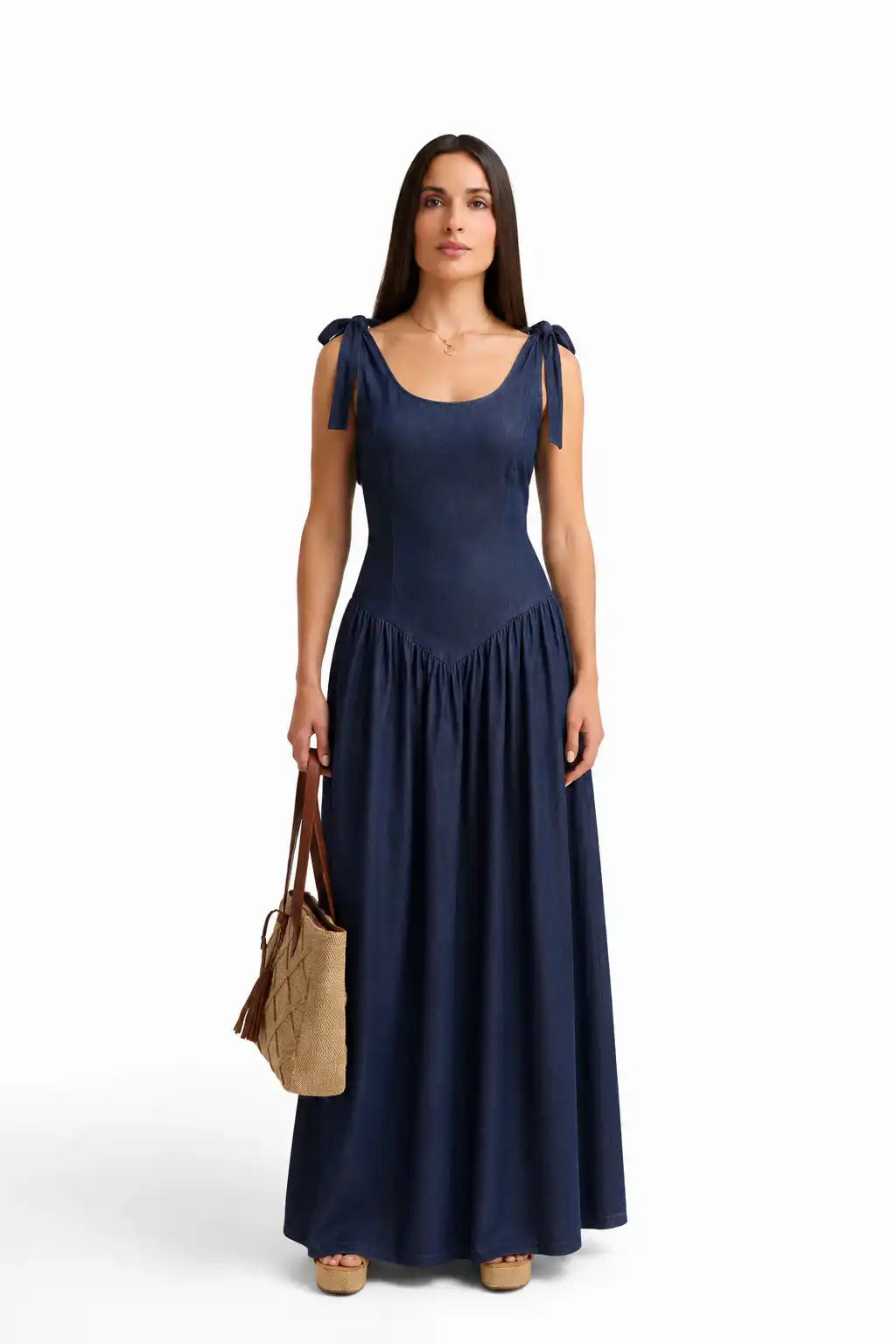 Navy Tie-Shoulder Maxi Dress